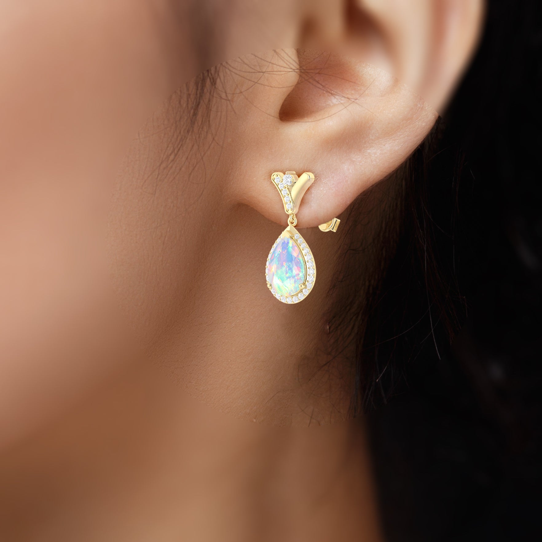 'V' Shape Style Natural White Opal Drop Earrings with Push Back