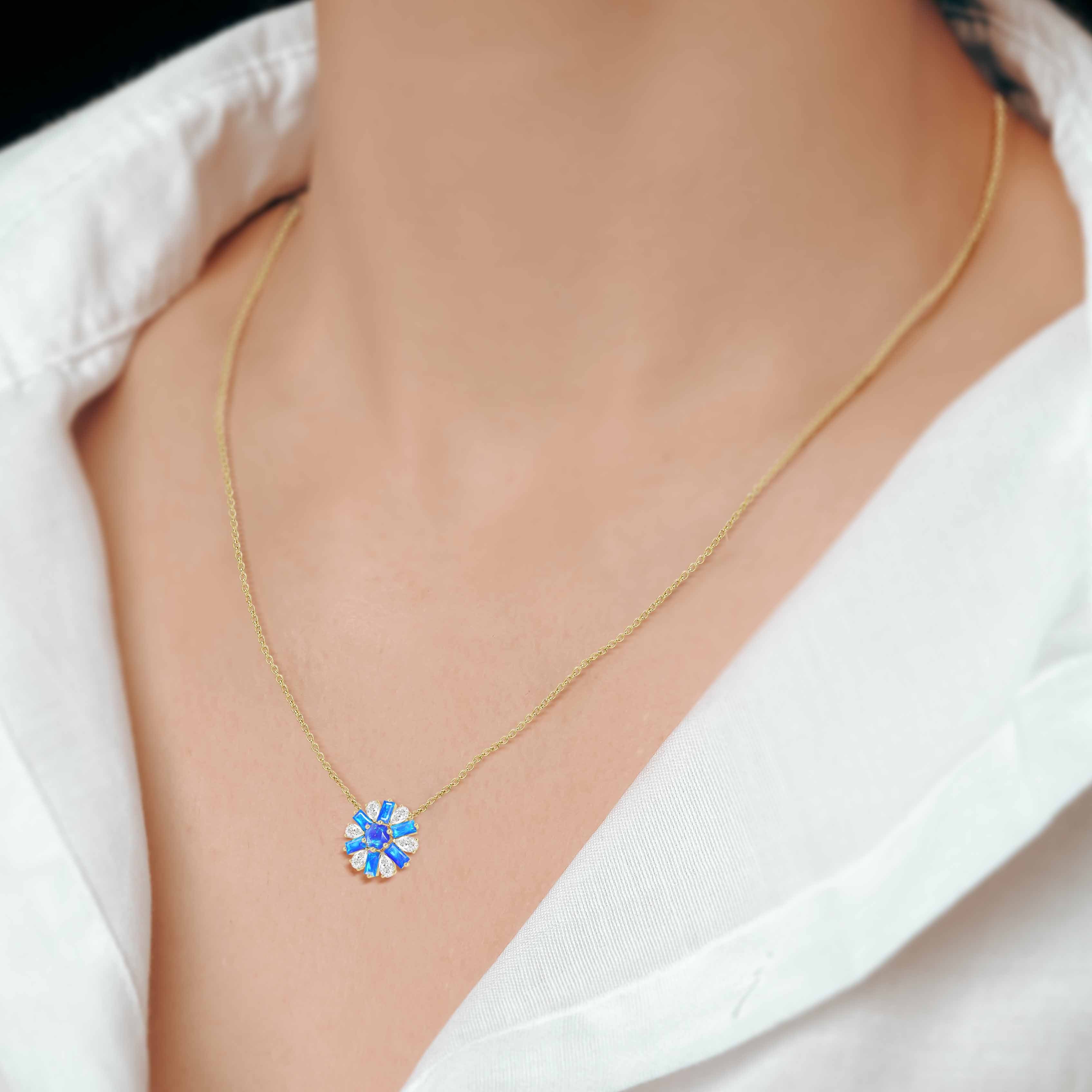Natural Blue Opal Round Cluster Charm Pendant Necklace