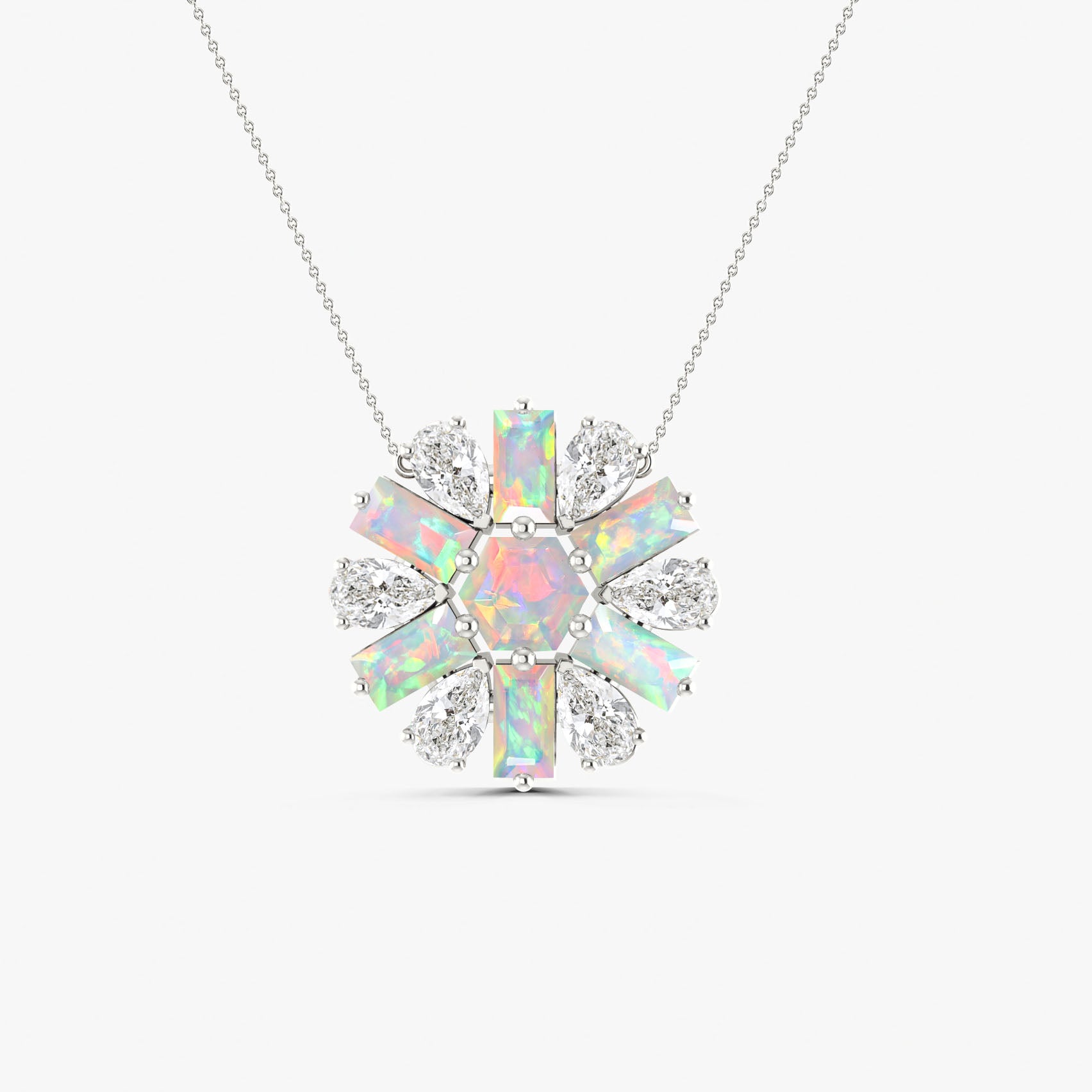 Natural White Opal Round Cluster Charm Pendant Necklace