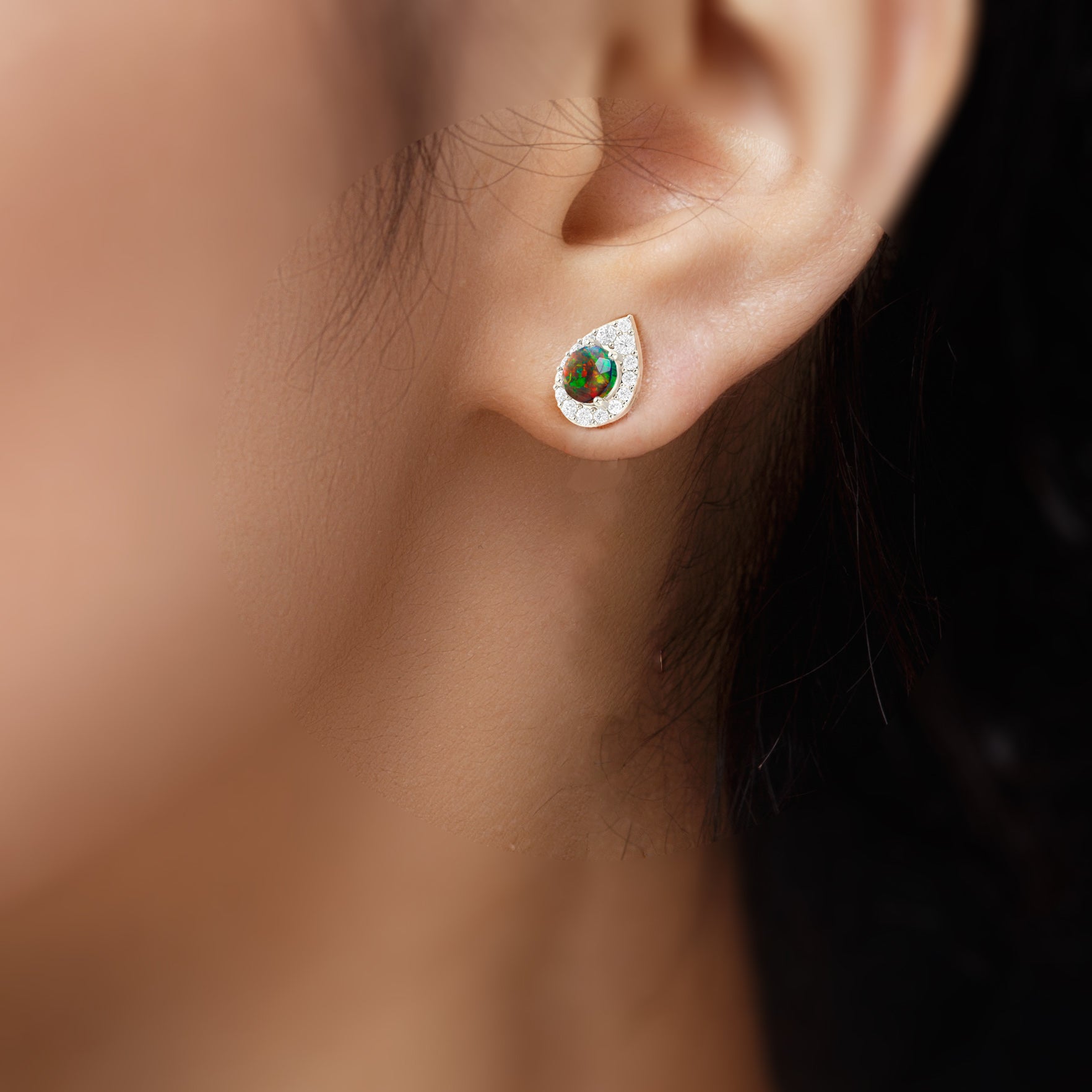 4MM Round Natural Black Opal Halo Stud Earrings with Push Back