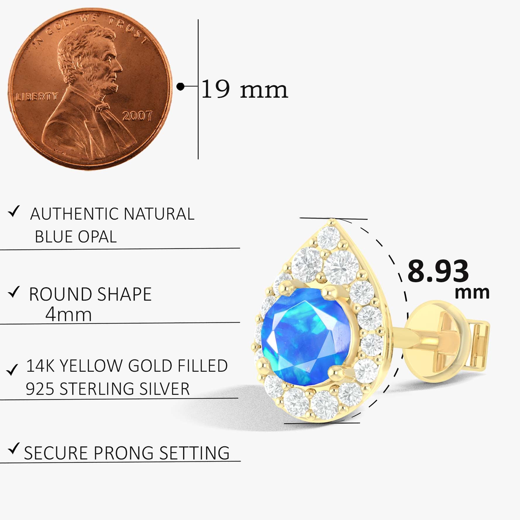4MM Round Natural Blue Opal Halo Stud Earrings with Push Back
