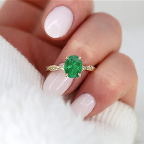 Green Dainty oval shape Emerald In Prong sett Gold ring