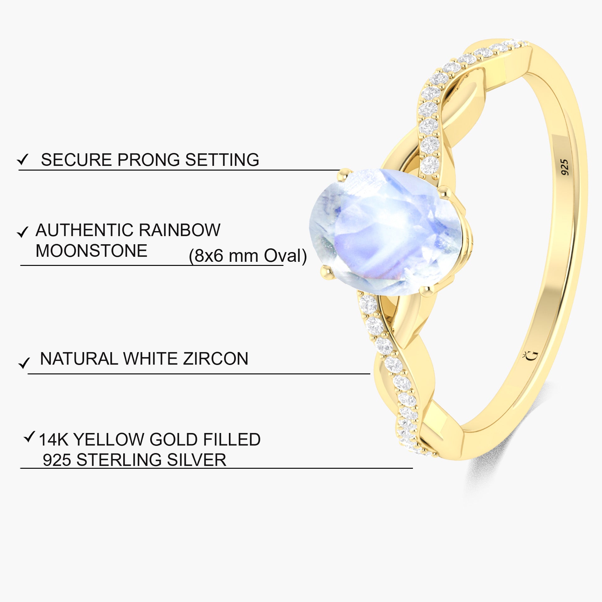 Genuine white rainbow moonstone Handmade ring