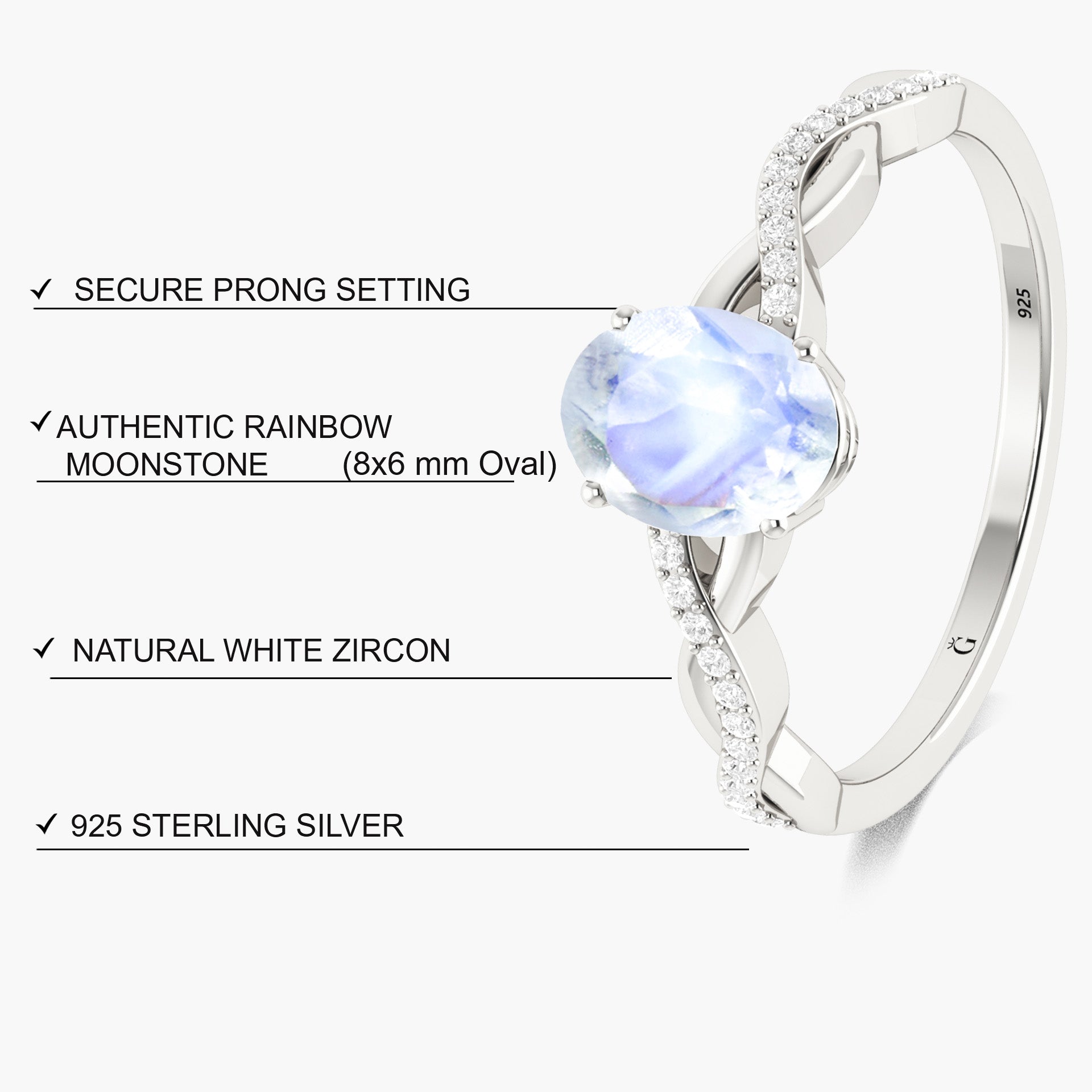 Genuine white rainbow moonstone Handmade ring