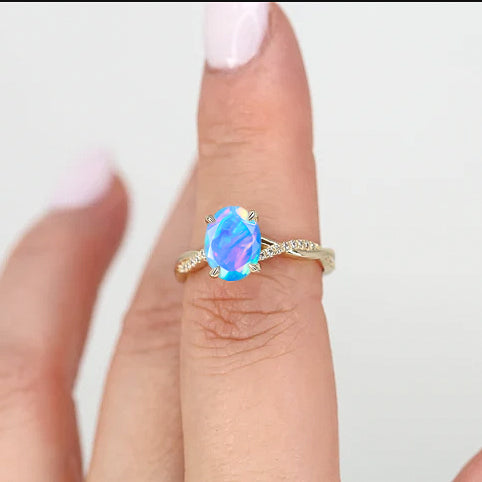 Oval Shape 8X6 MM Natural Blue Opal Crossover Statement Ring