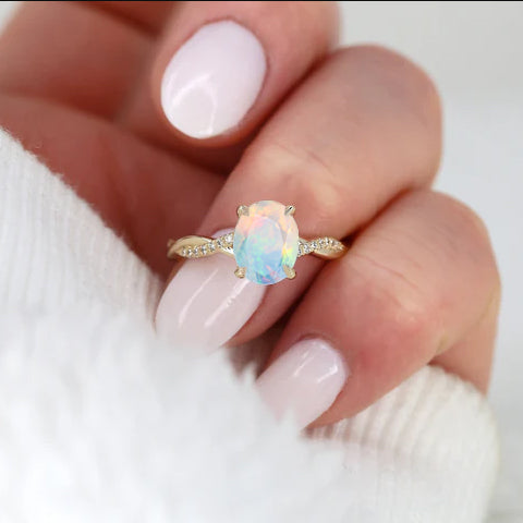 White Ethiopian fire opal wedding gold ring for women