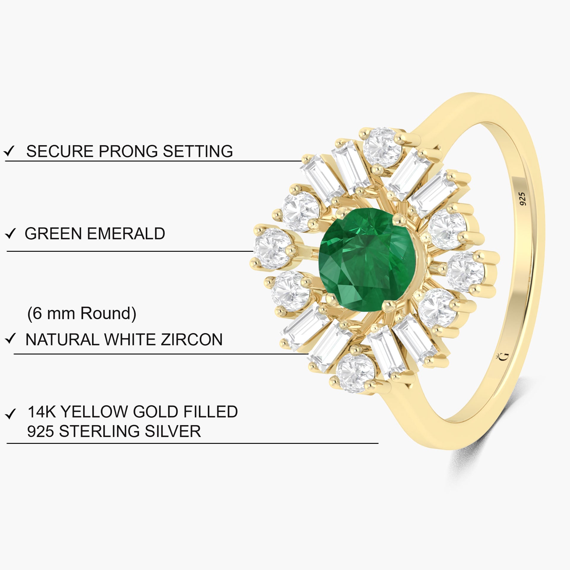 Emerald round statement 18k Gold Vermeil and silver ring