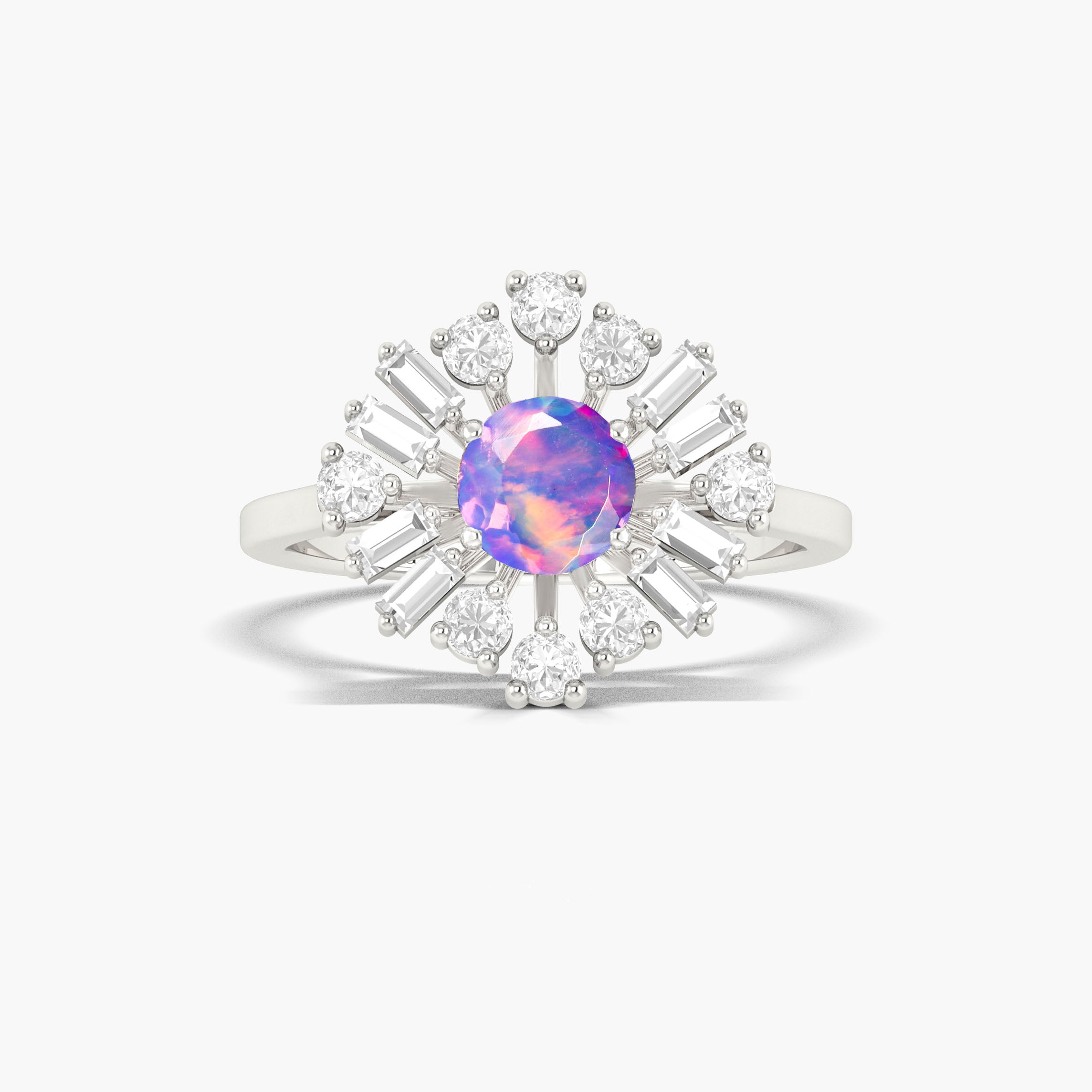 Round lavender fire Ethiopian opal statement gold and silver ring