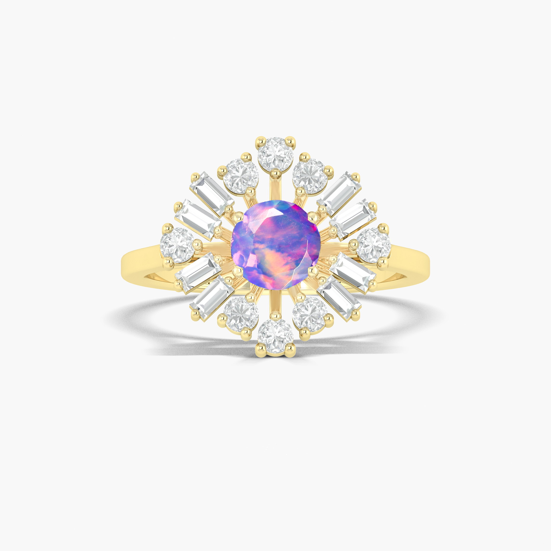 Round lavender fire Ethiopian opal statement gold and silver ring