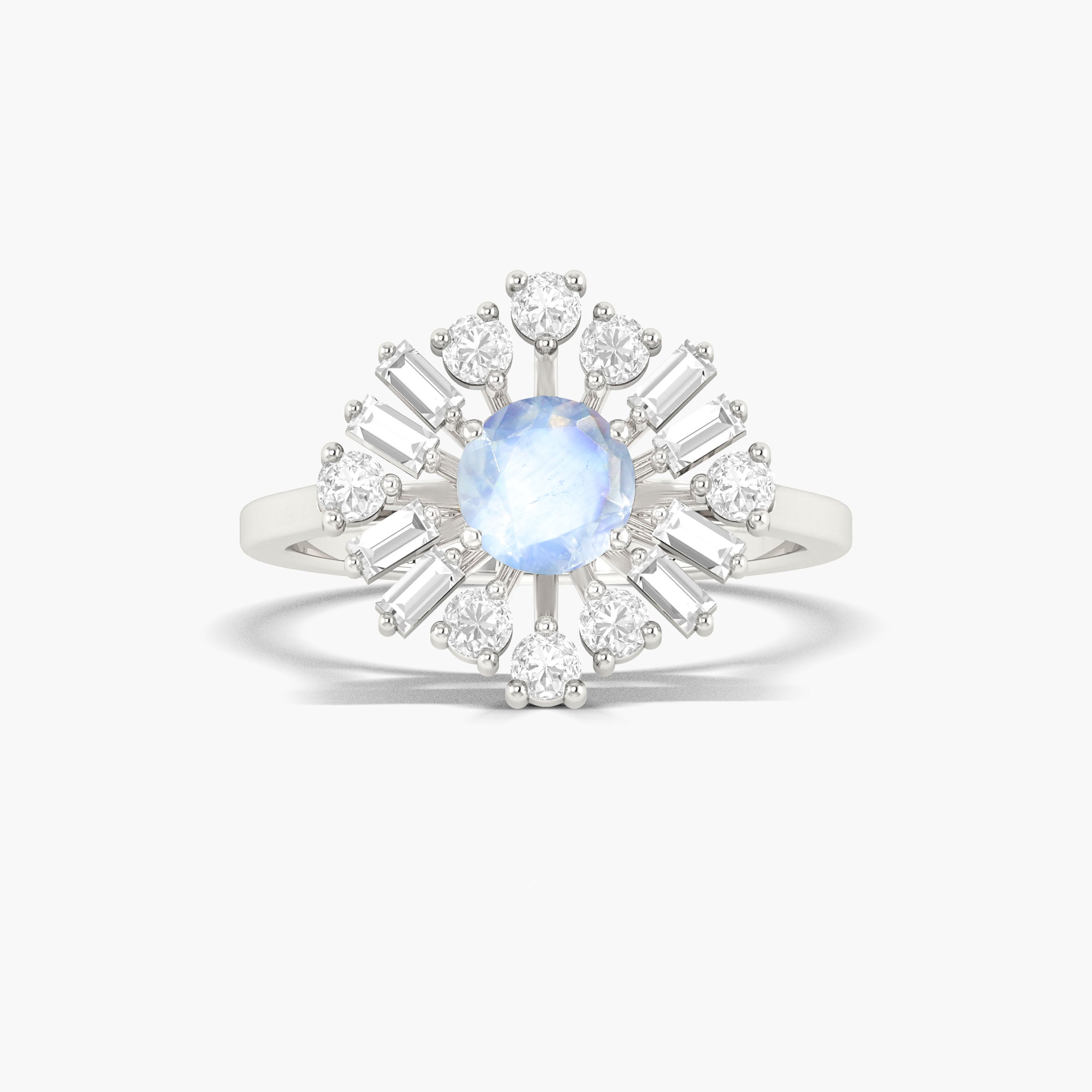 Round White rainbow moonstone with Cubic Zirconia ring