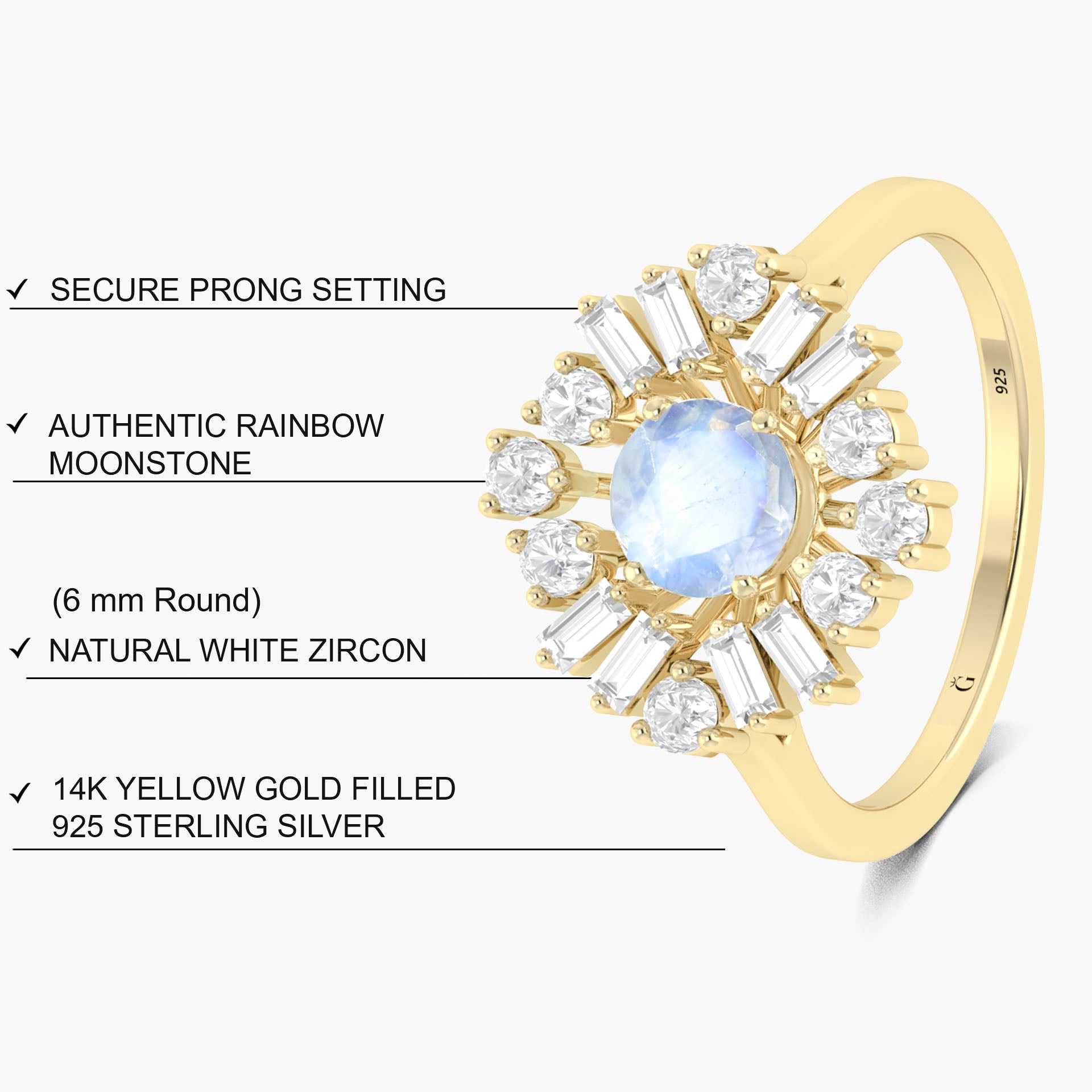 Round White rainbow moonstone with Cubic Zirconia ring