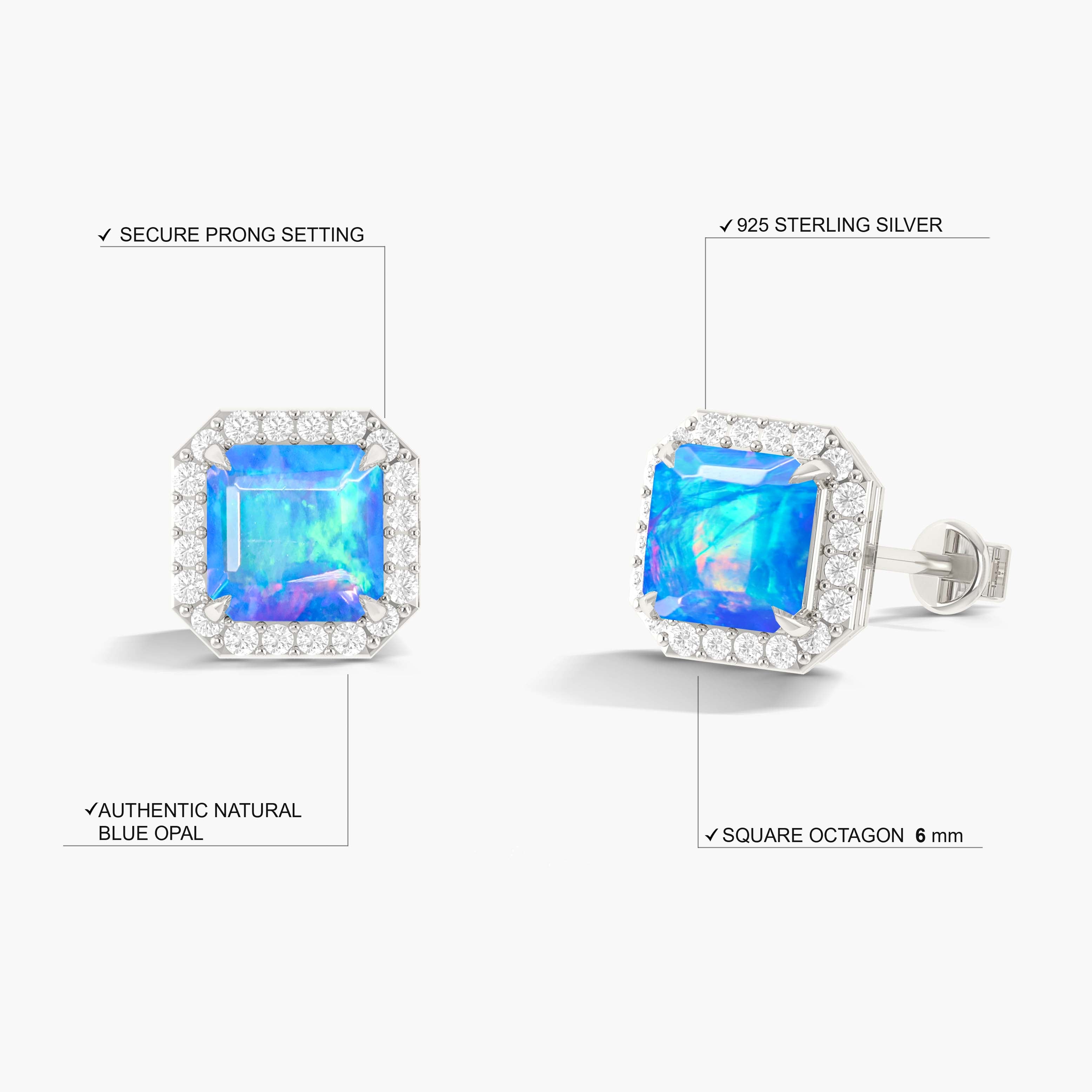 Natural Blue Opal Stud Earrings Push Back