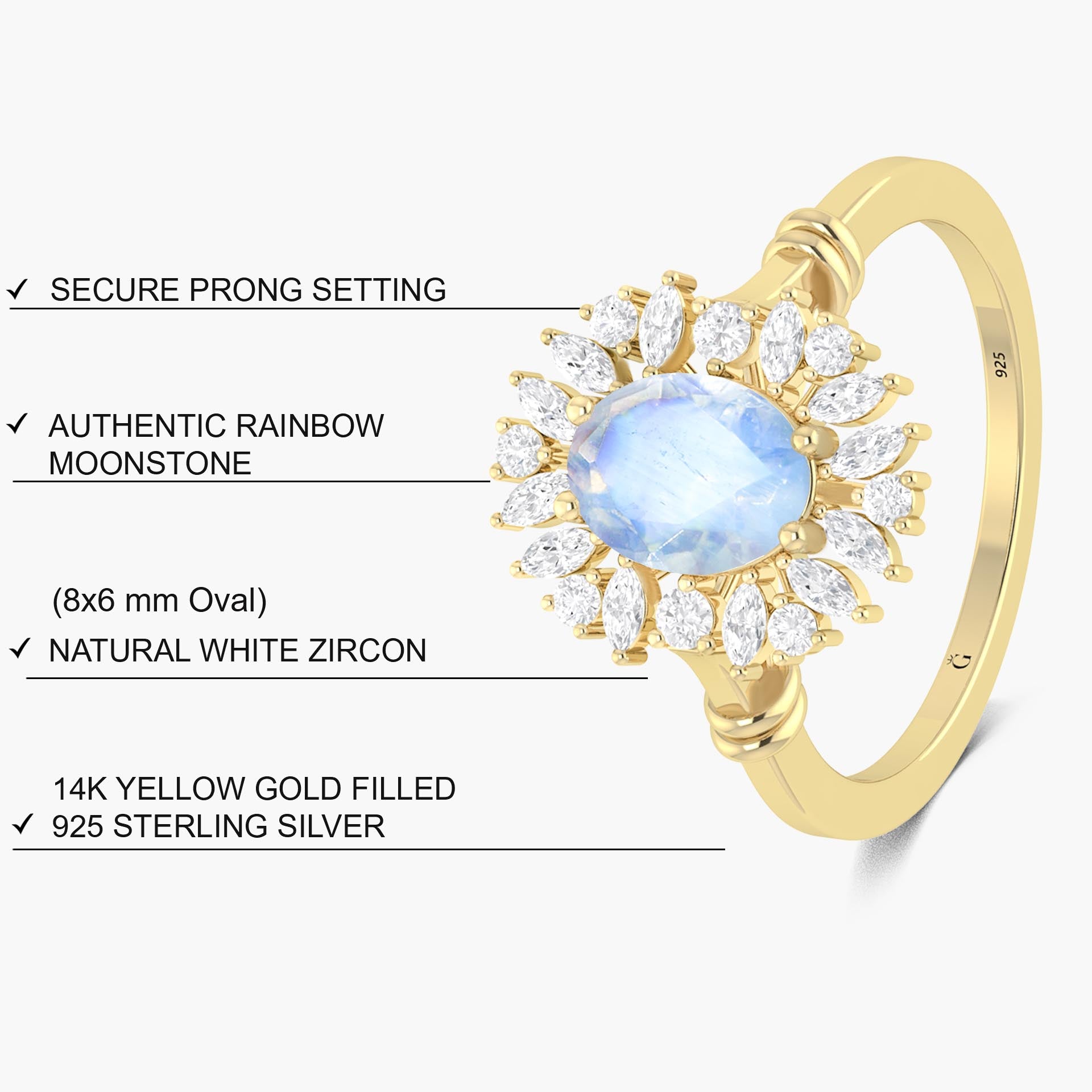 White rainbow moonstone wedding Gold statement ring
