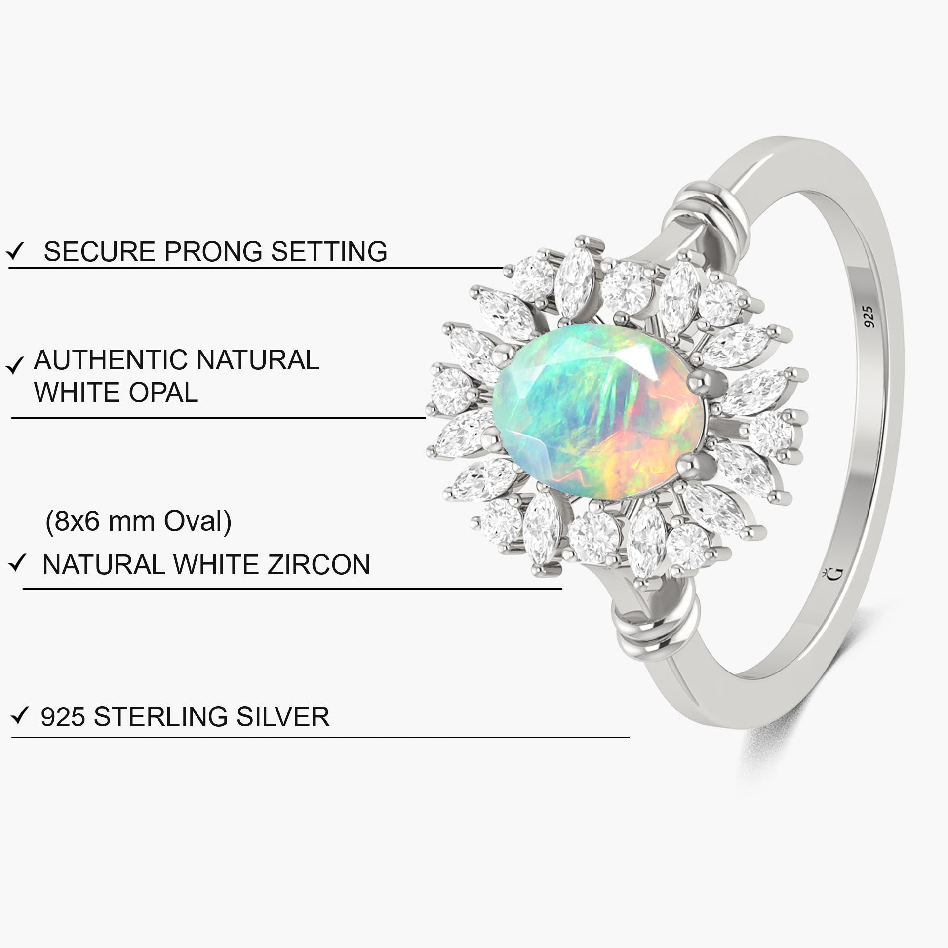 Halo Wedding Ring with Oval Shape Natural White Opal