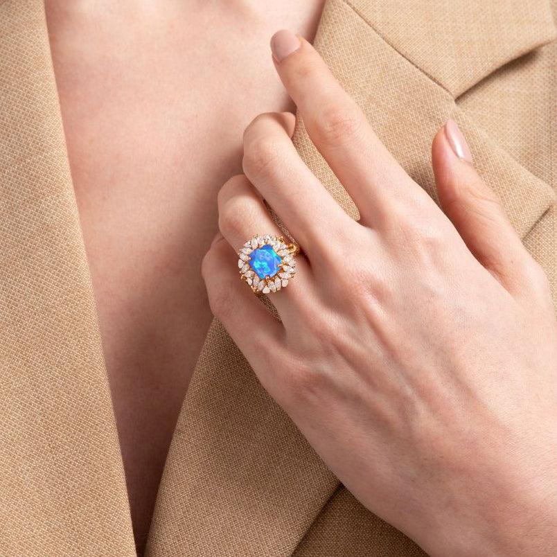 Stunning blue fire opal with Sparkle Cubic Zirconia Statement ring