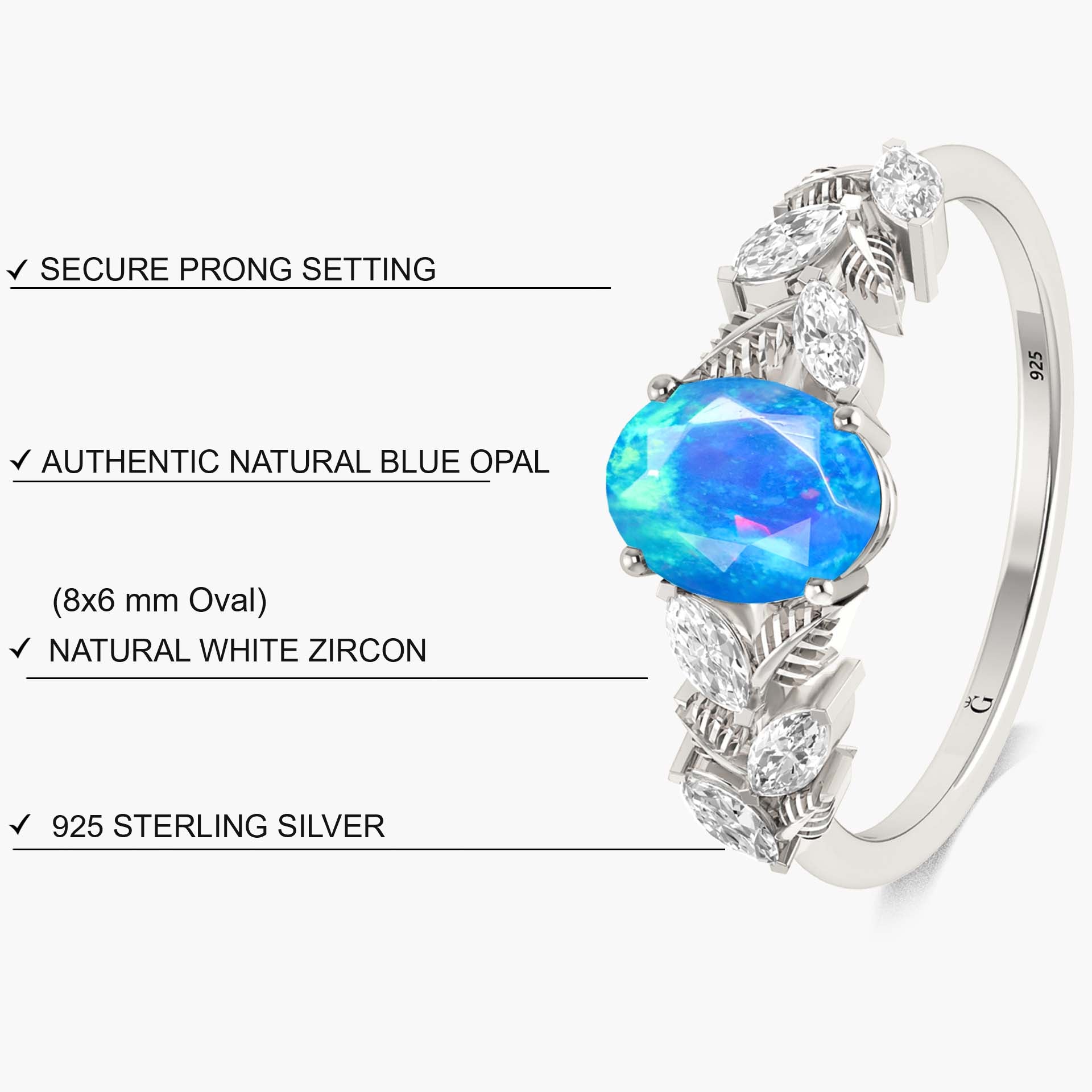Designer Leaf Ring with 8X6 MM Natural Blue Opal and White Zircon