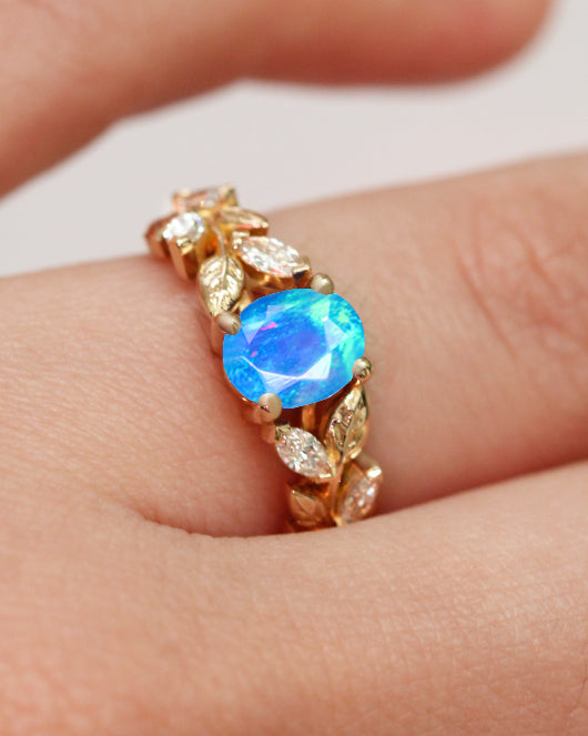 Designer Leaf Ring with 8X6 MM Natural Blue Opal and White Zircon