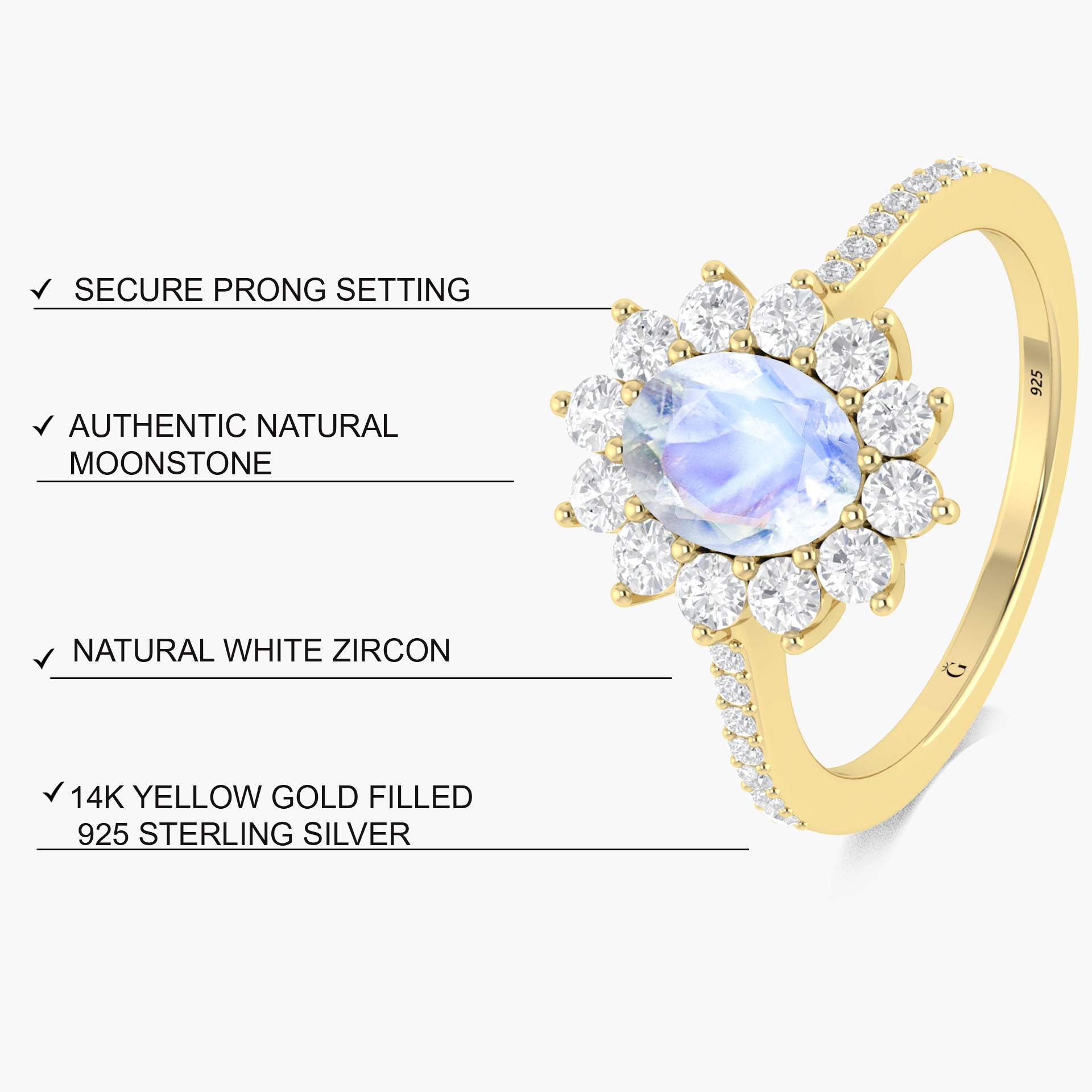 Natural White Zircon moonstone ring