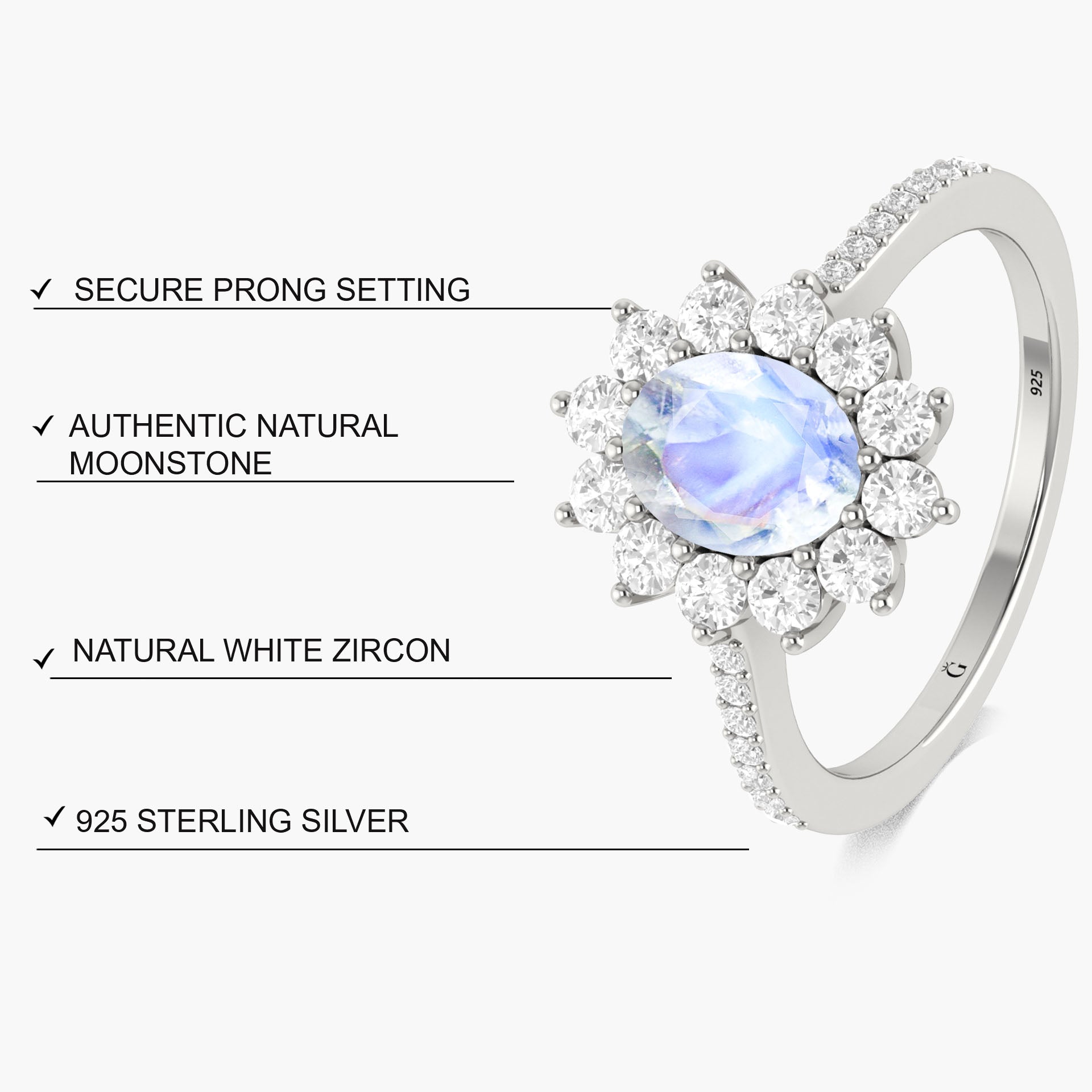 Authentic silver moonstone ring