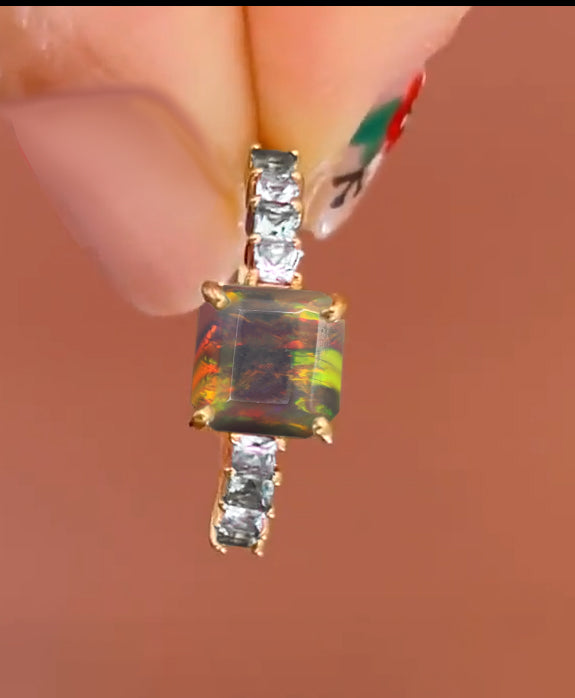 925 Sterling Silver & Yellow Gold Filled Statement Ring with Black Opal and White Zircon