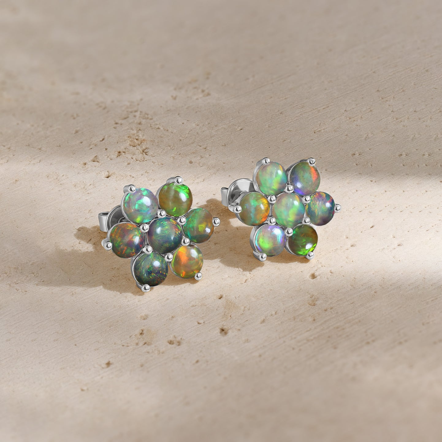 Black Opal Round Stud Earrings in 925 Silver Luxury 14-Stone Design