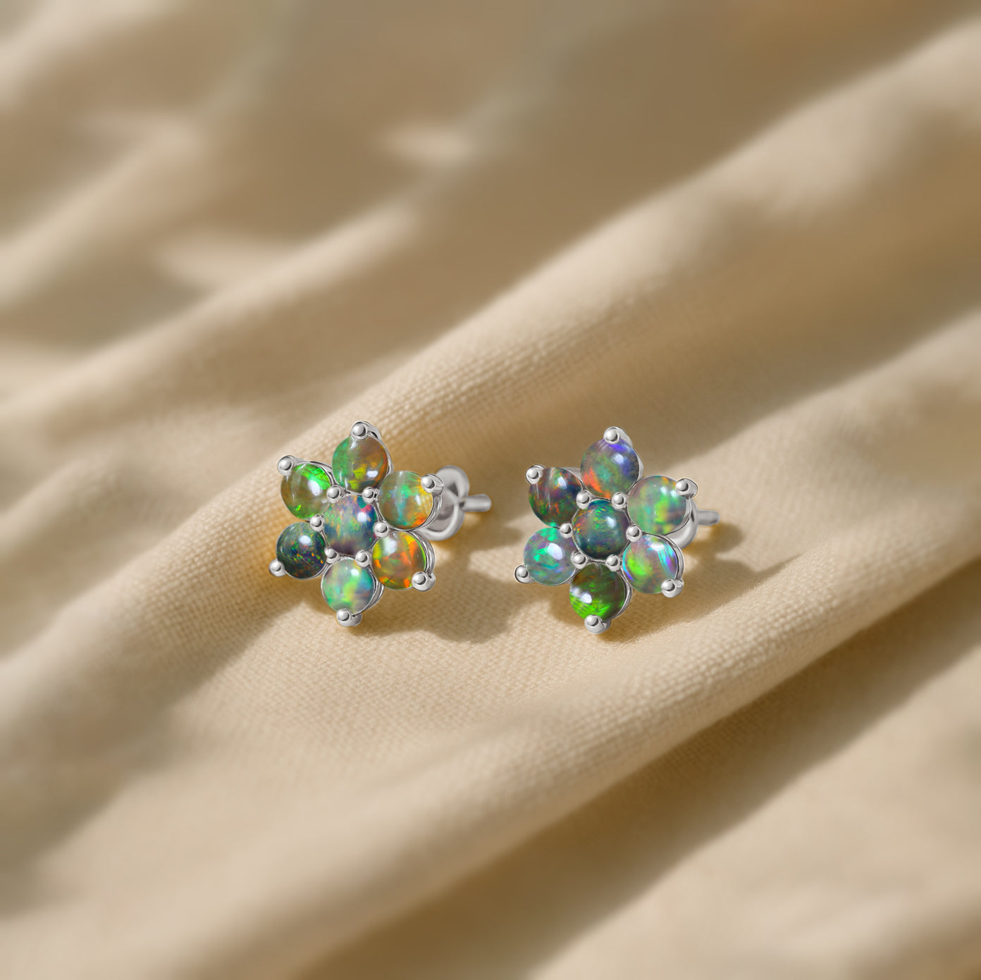 Black Opal Round Stud Earrings in 925 Silver Luxury 14-Stone Design