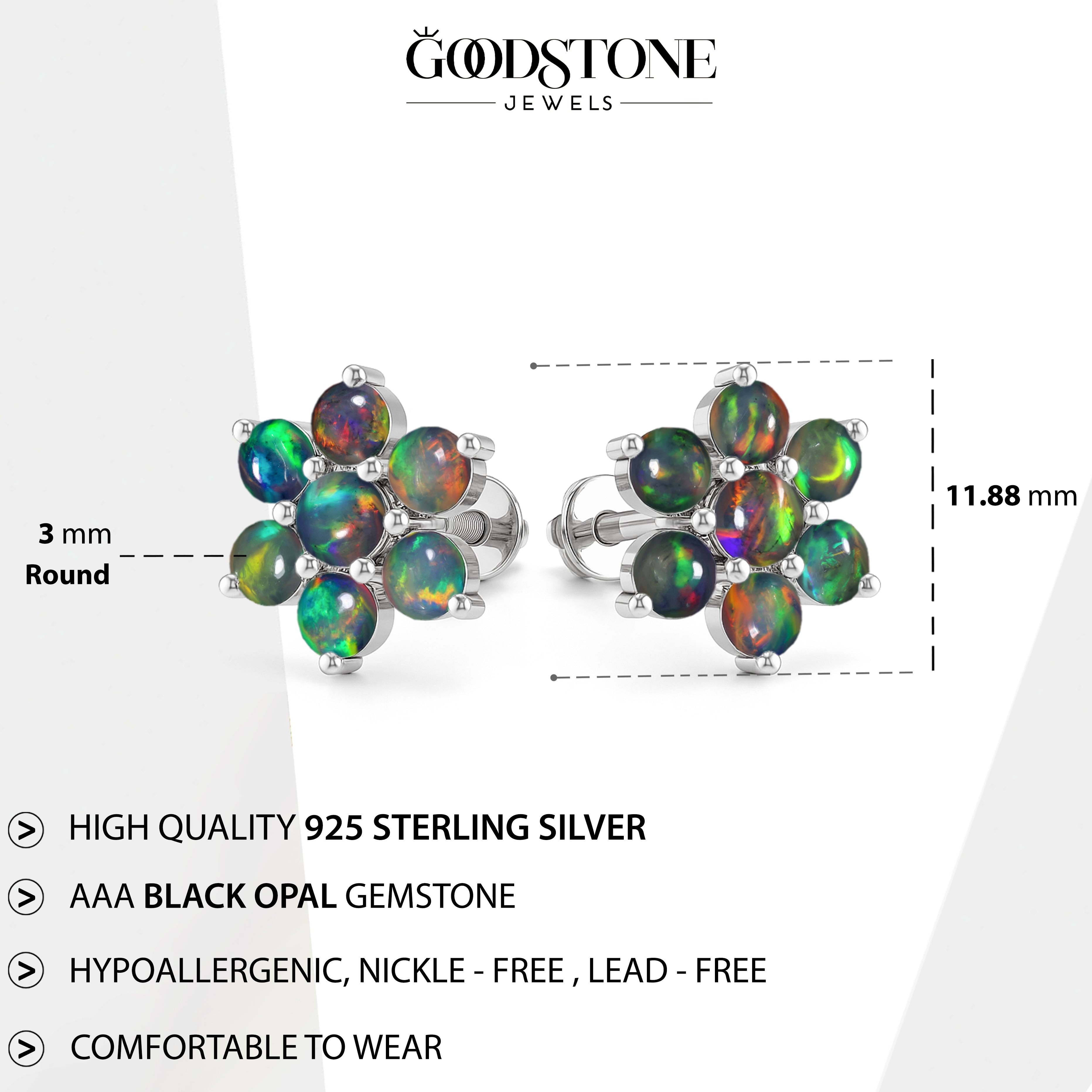 Black Opal Round Stud Earrings in 925 Silver Luxury 14-Stone Design