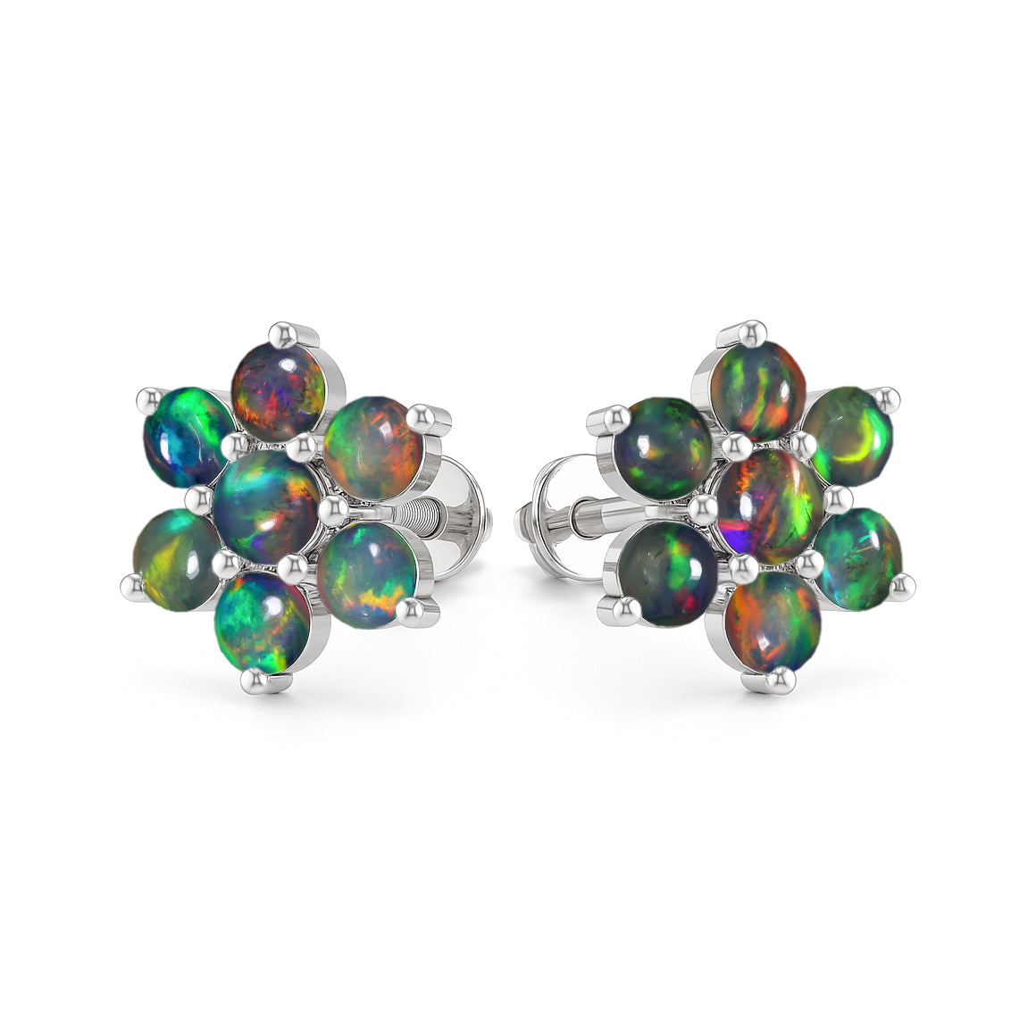 Black Opal Round Stud Earrings in 925 Silver Luxury 14-Stone Design