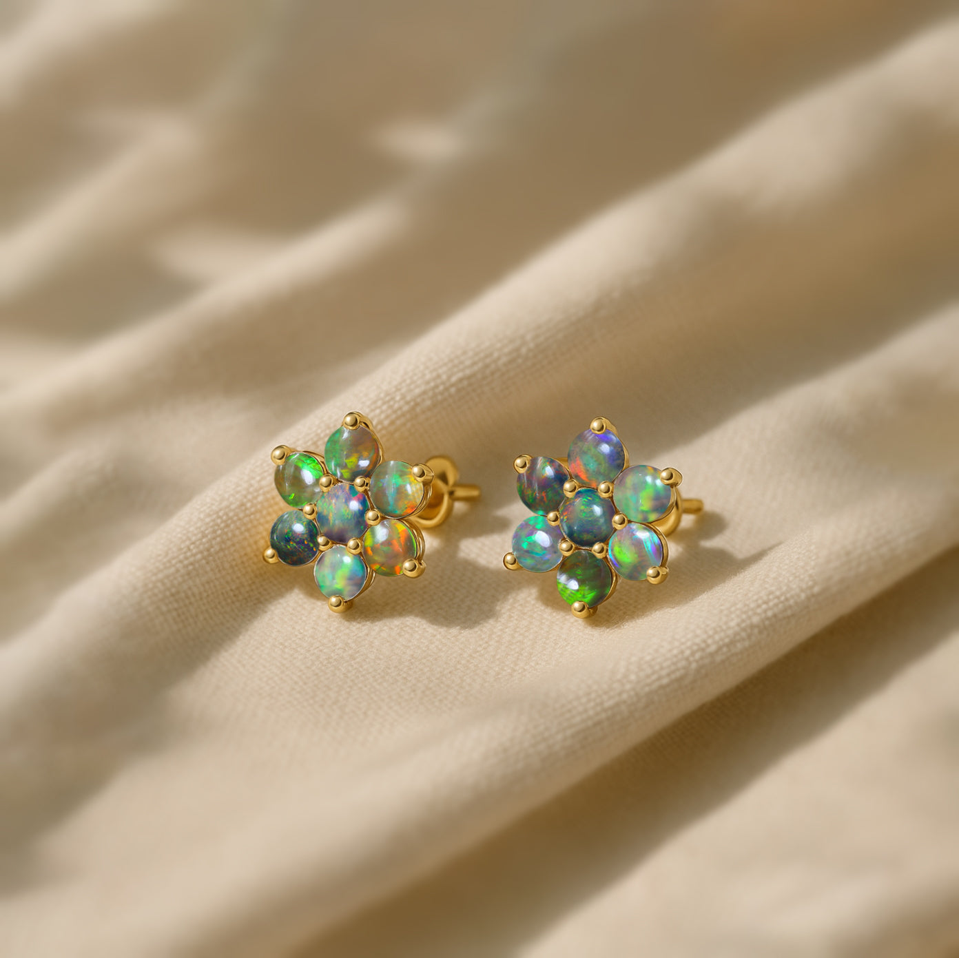 Black Opal Round Stud Earrings in 925 Silver Luxury 14-Stone Design