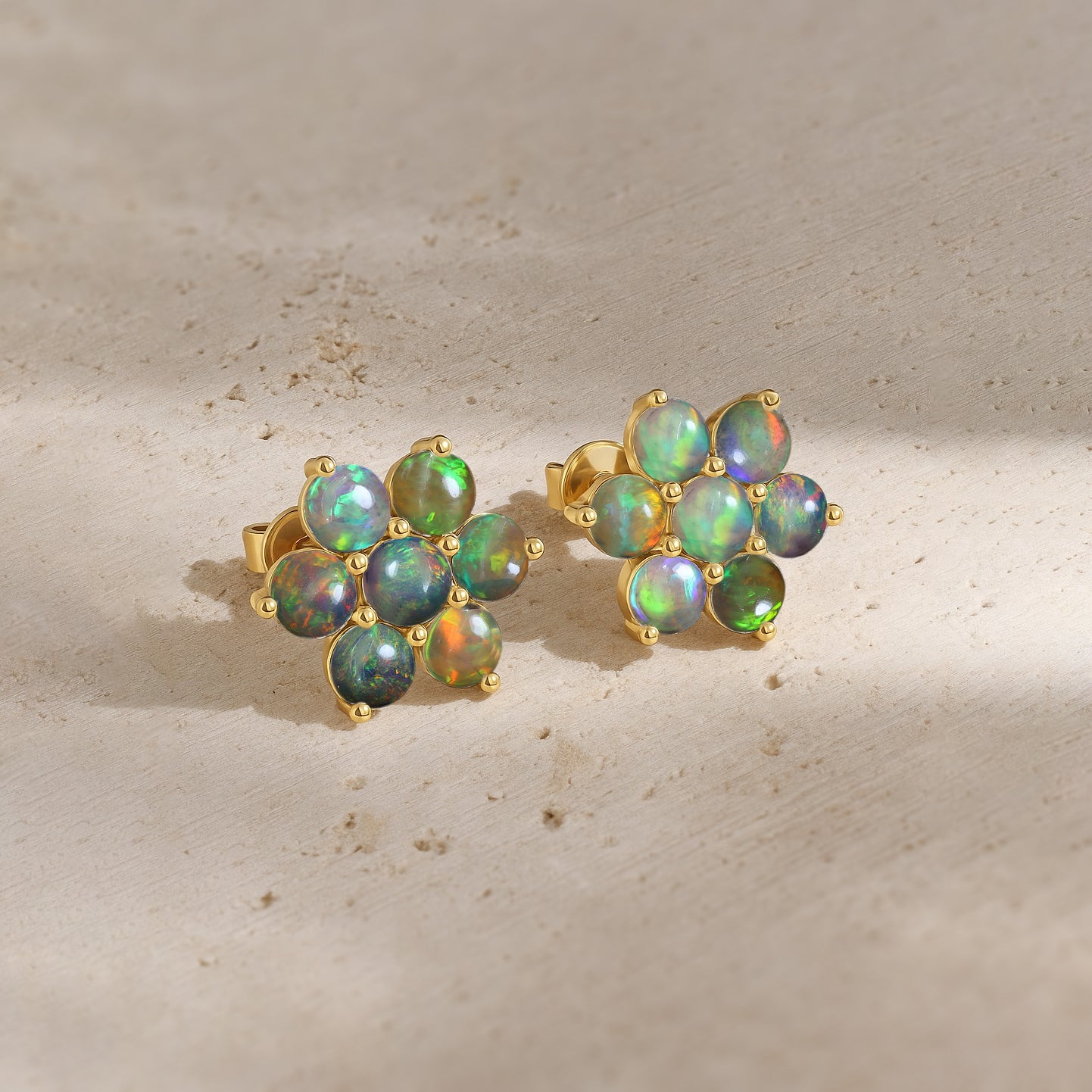 Black Opal Round Stud Earrings in 925 Silver Luxury 14-Stone Design