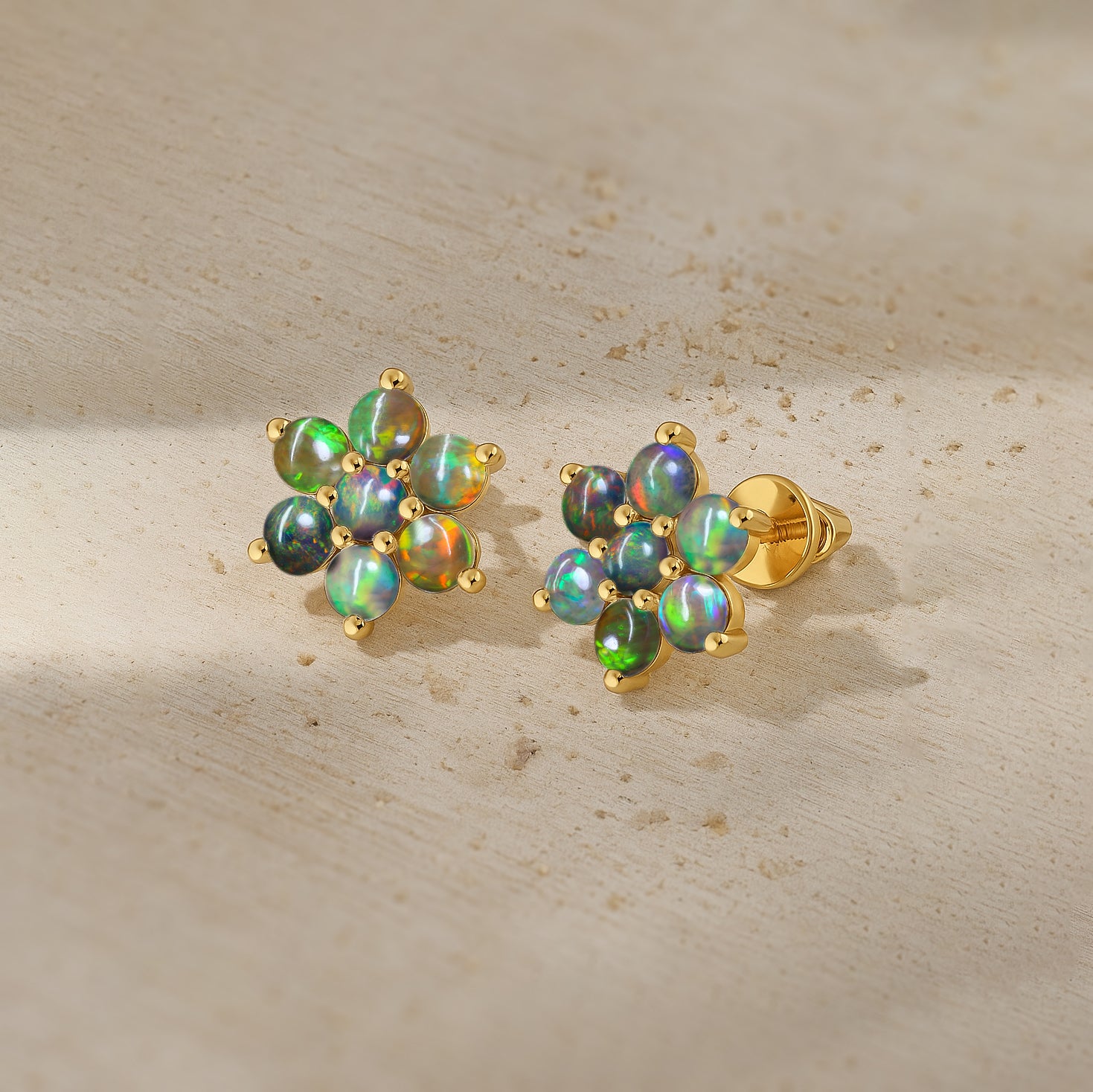 Black Opal Round Stud Earrings in 925 Silver Luxury 14-Stone Design