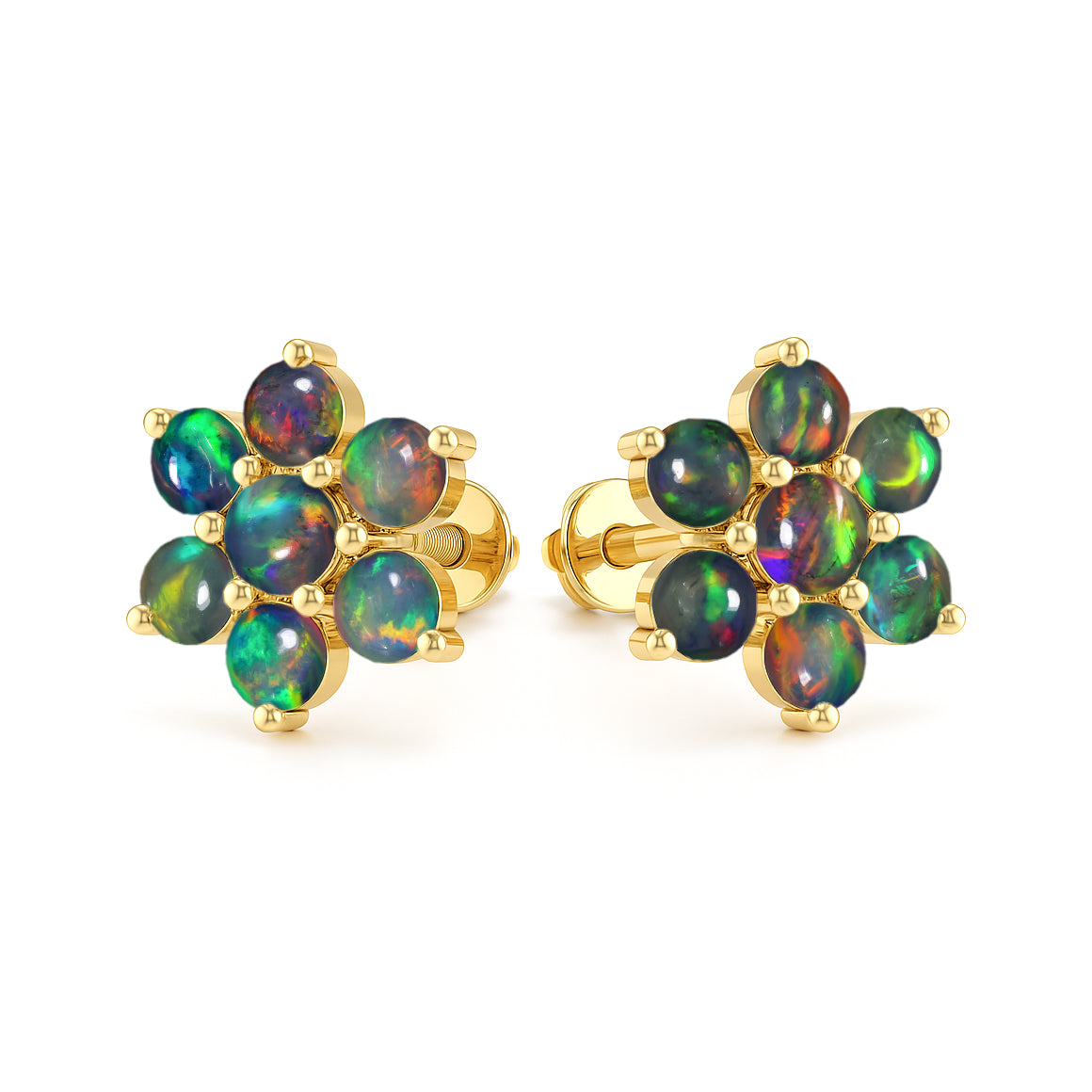 Black Opal Round Stud Earrings in 925 Silver Luxury 14-Stone Design