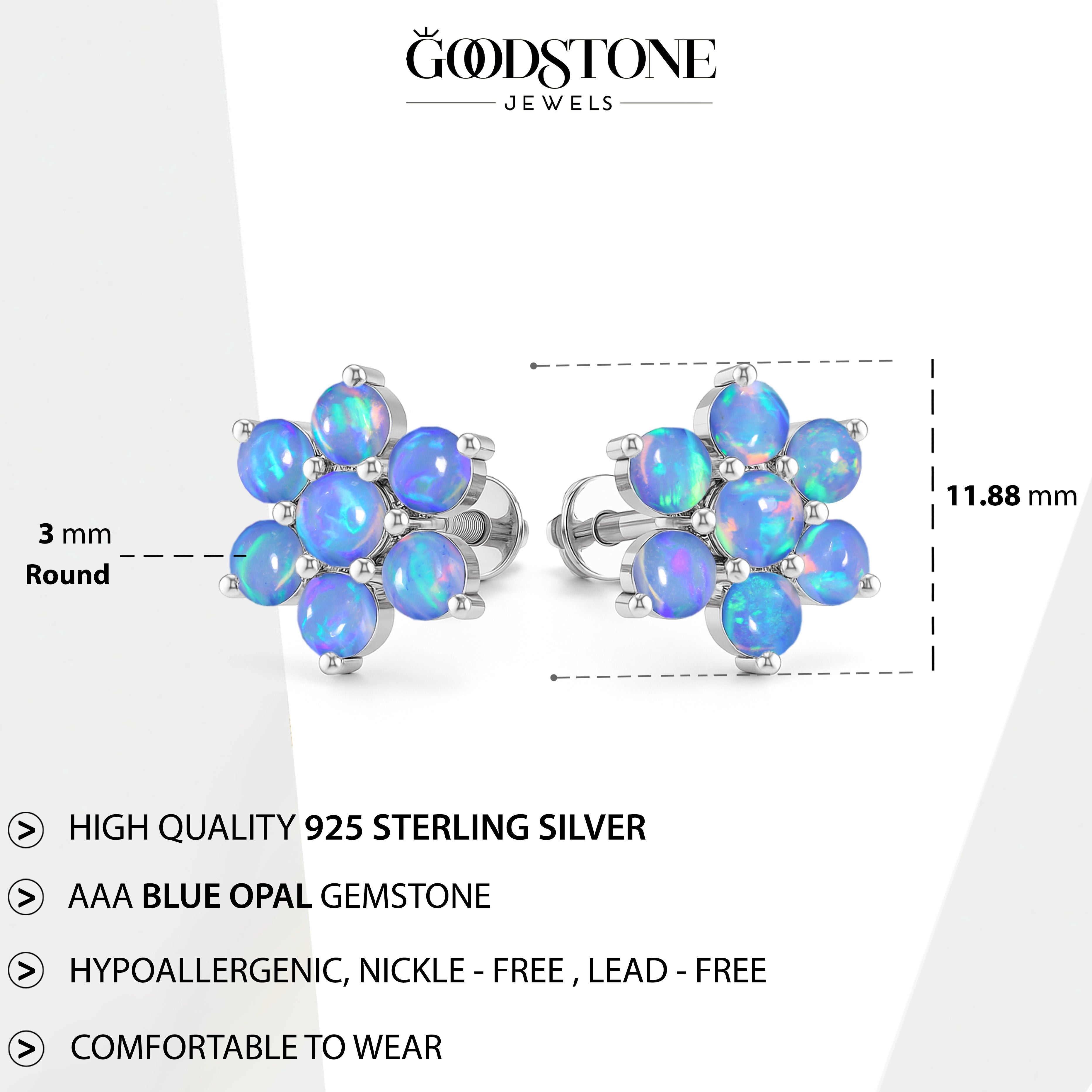Blue Opal Round Stud Earrings in 925 Silver Luxury 14-Stone Design
