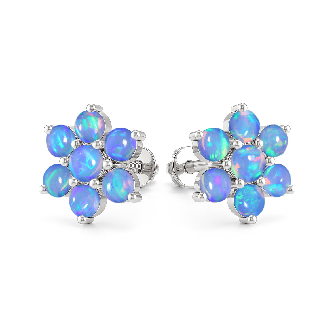 Blue Opal Round Stud Earrings in 925 Silver Luxury 14-Stone Design