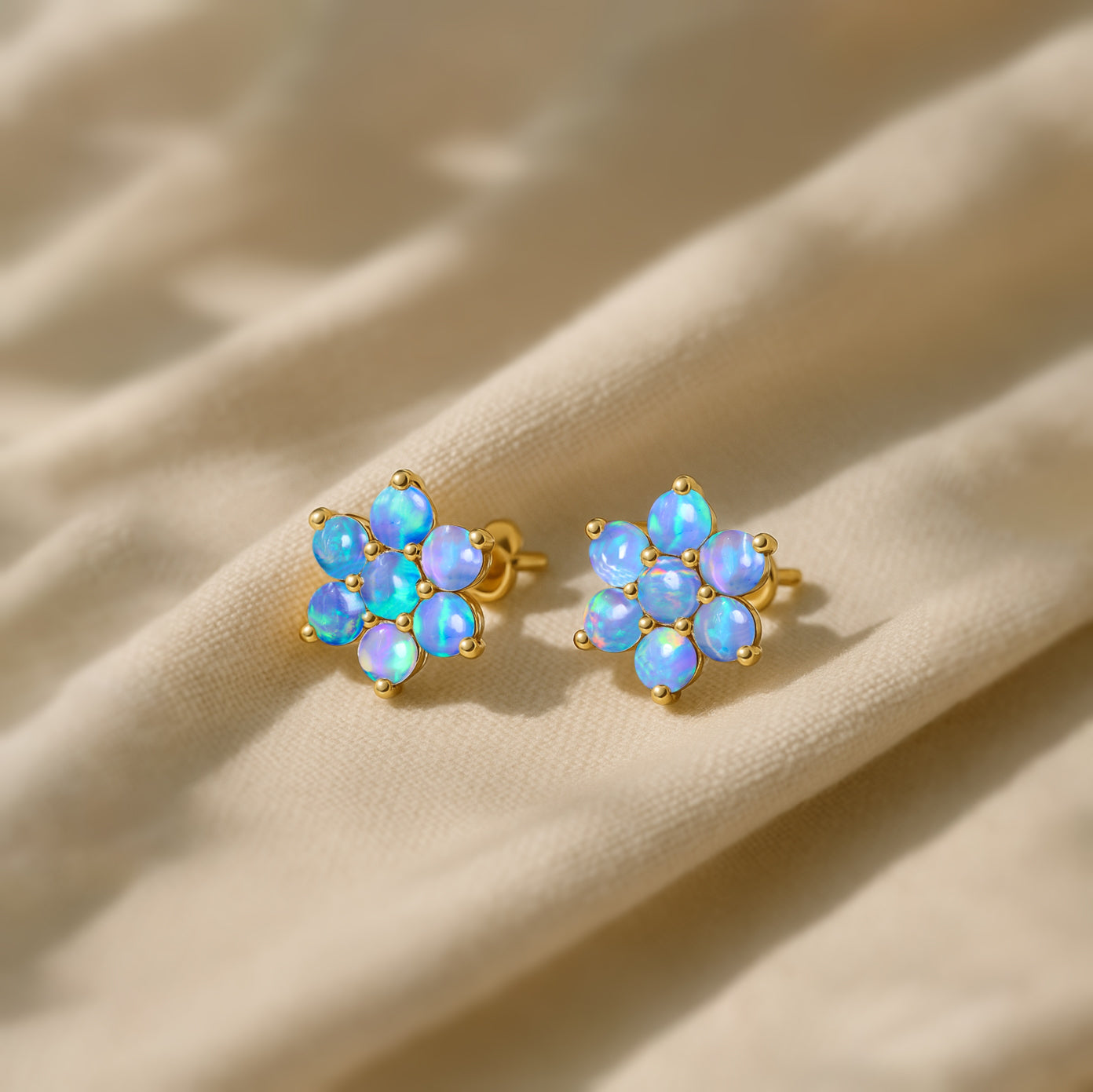 Blue Opal Round Stud Earrings in 925 Silver Luxury 14-Stone Design