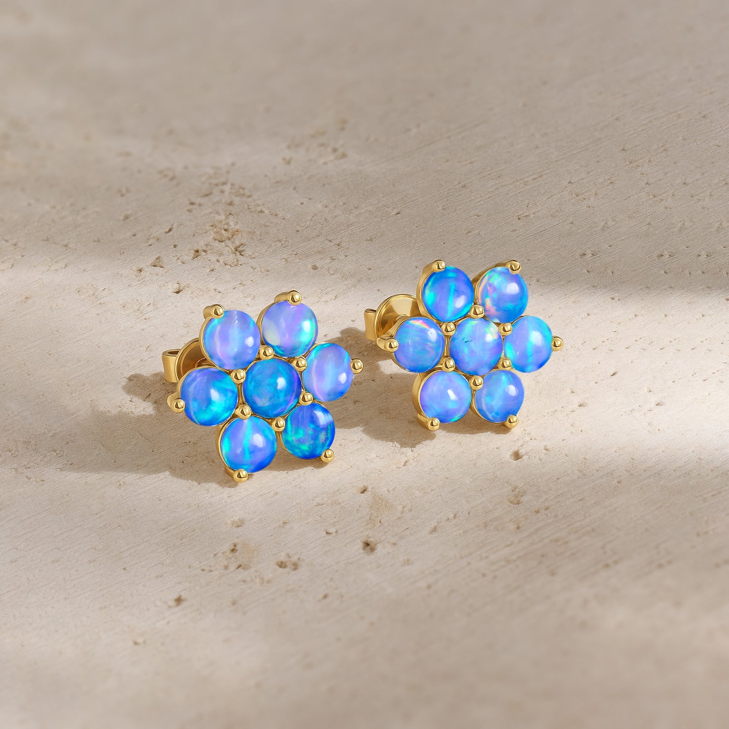 Blue Opal Round Stud Earrings in 925 Silver Luxury 14-Stone Design