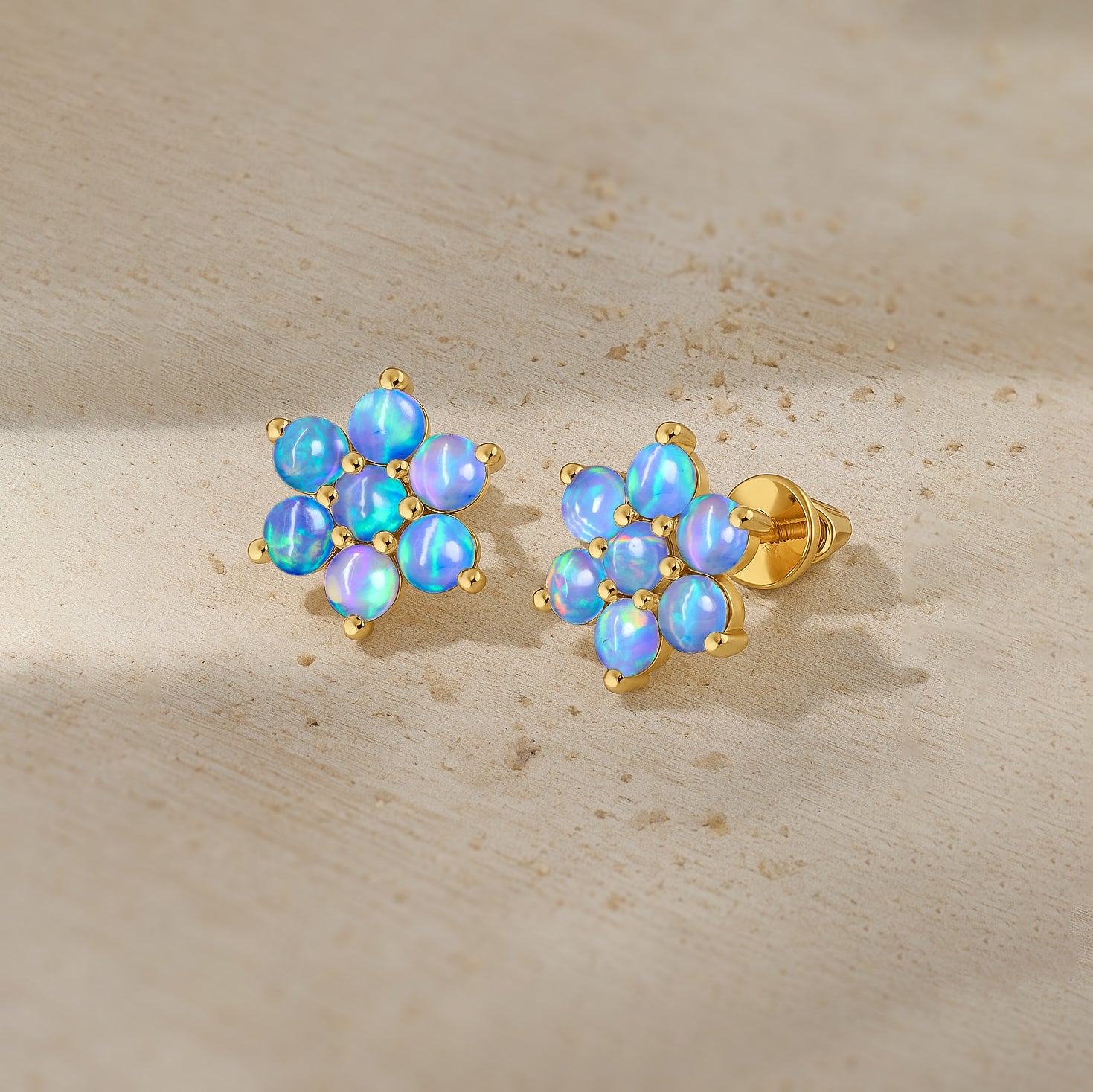 Blue Opal Round Stud Earrings in 925 Silver Luxury 14-Stone Design