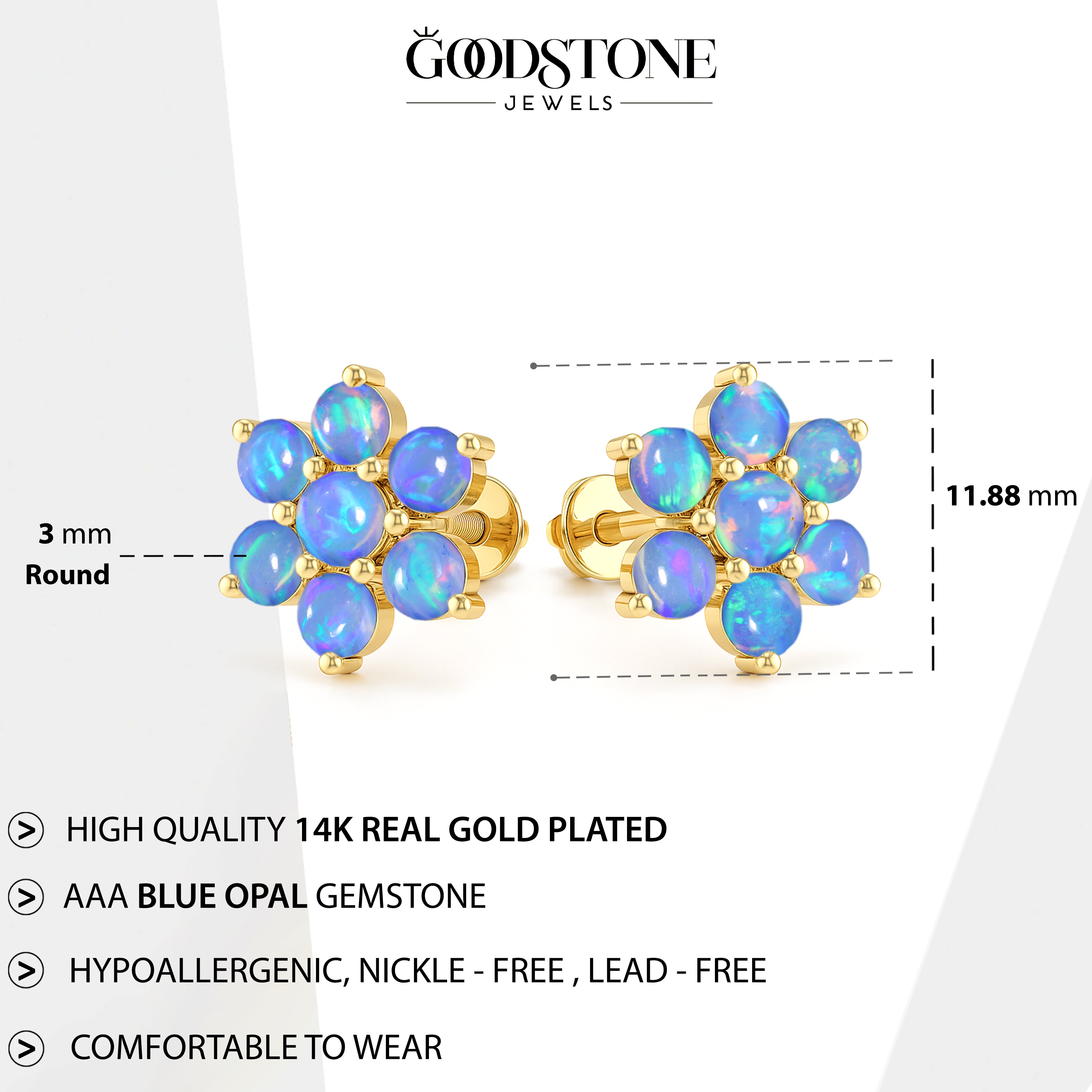 Blue Opal Round Stud Earrings in 925 Silver Luxury 14-Stone Design