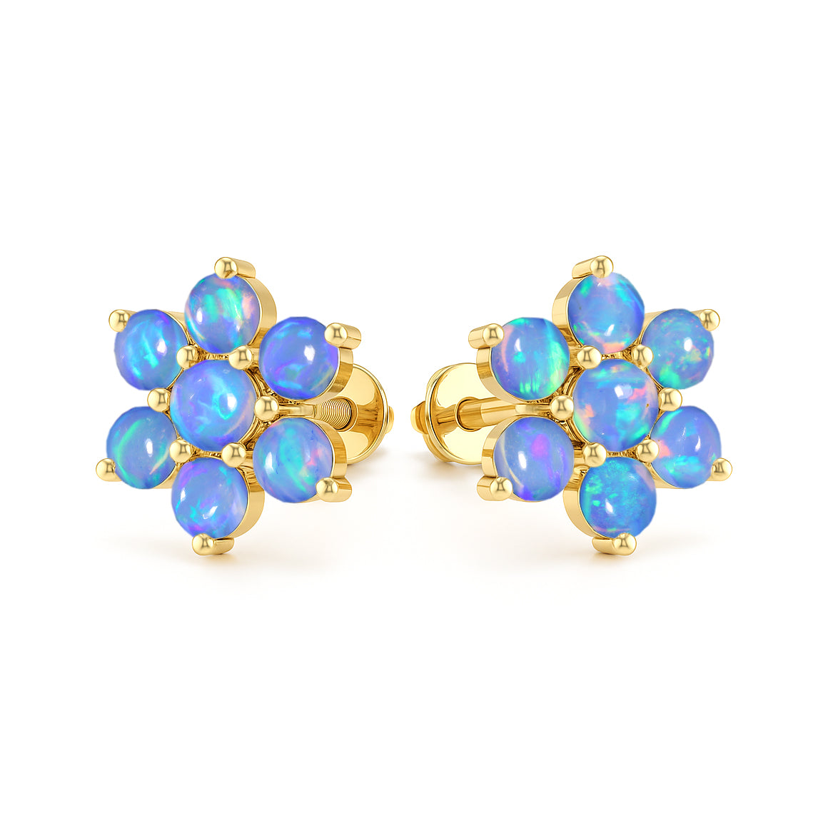 Blue Opal Round Stud Earrings in 925 Silver Luxury 14-Stone Design