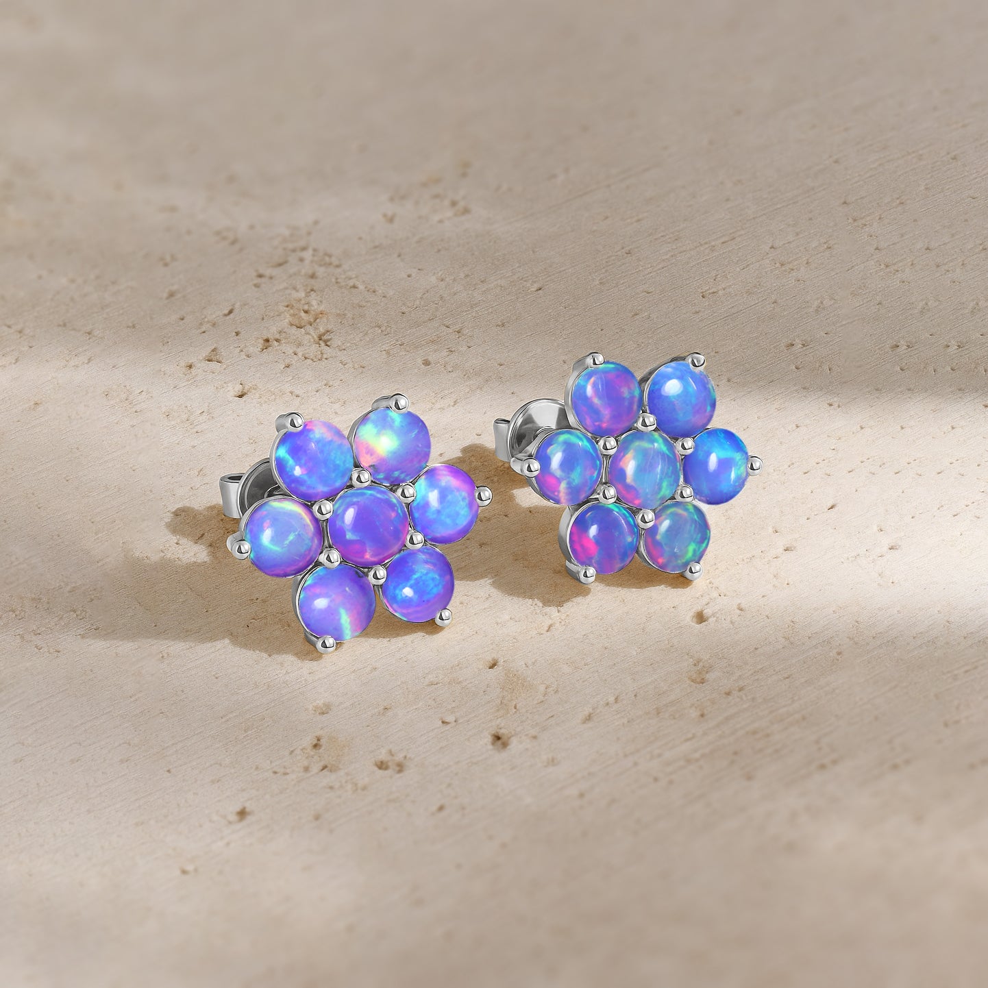 Lavender Opal Round Stud Earrings in 925 Silver Luxury 14-Stone Design