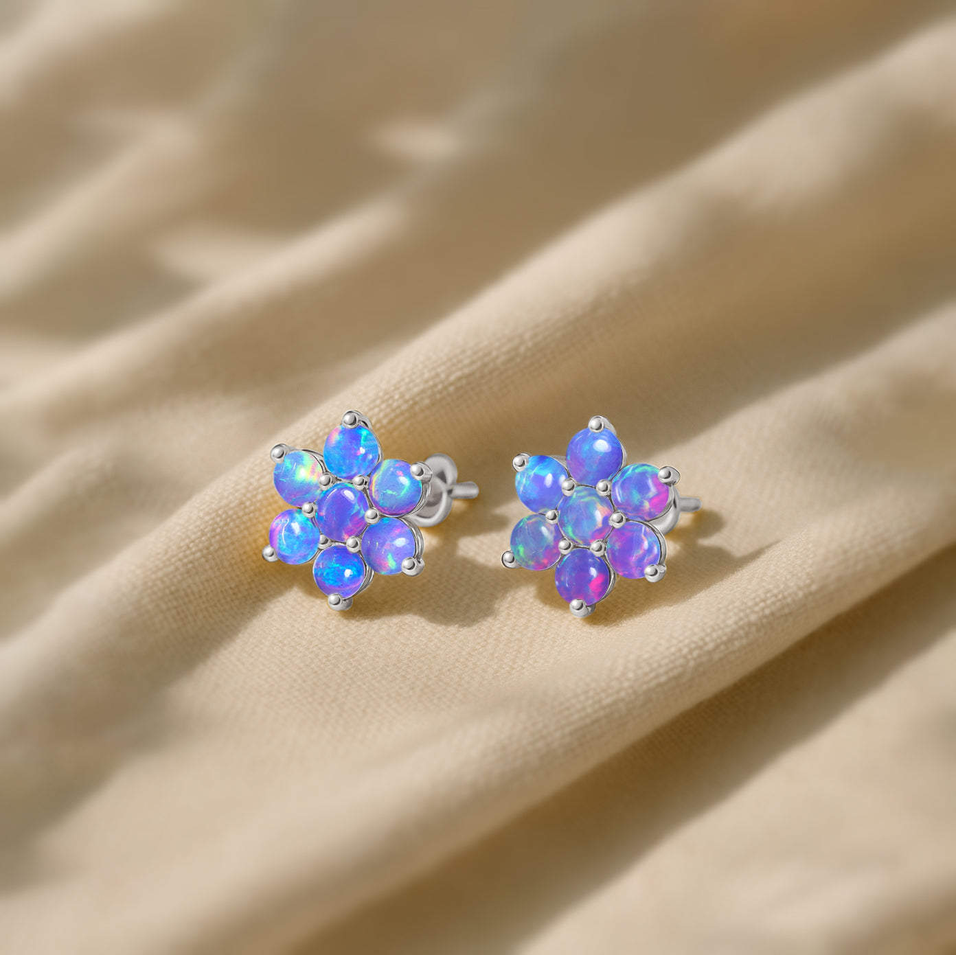 Lavender Opal Round Stud Earrings in 925 Silver Luxury 14-Stone Design