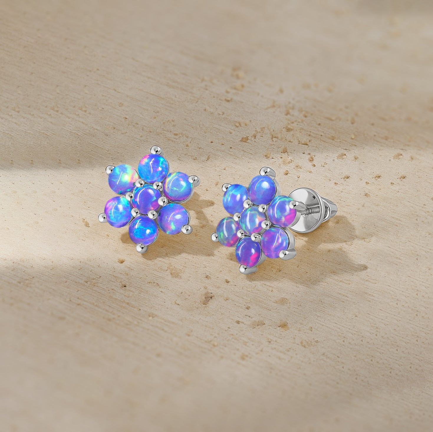 Lavender Opal Round Stud Earrings in 925 Silver Luxury 14-Stone Design