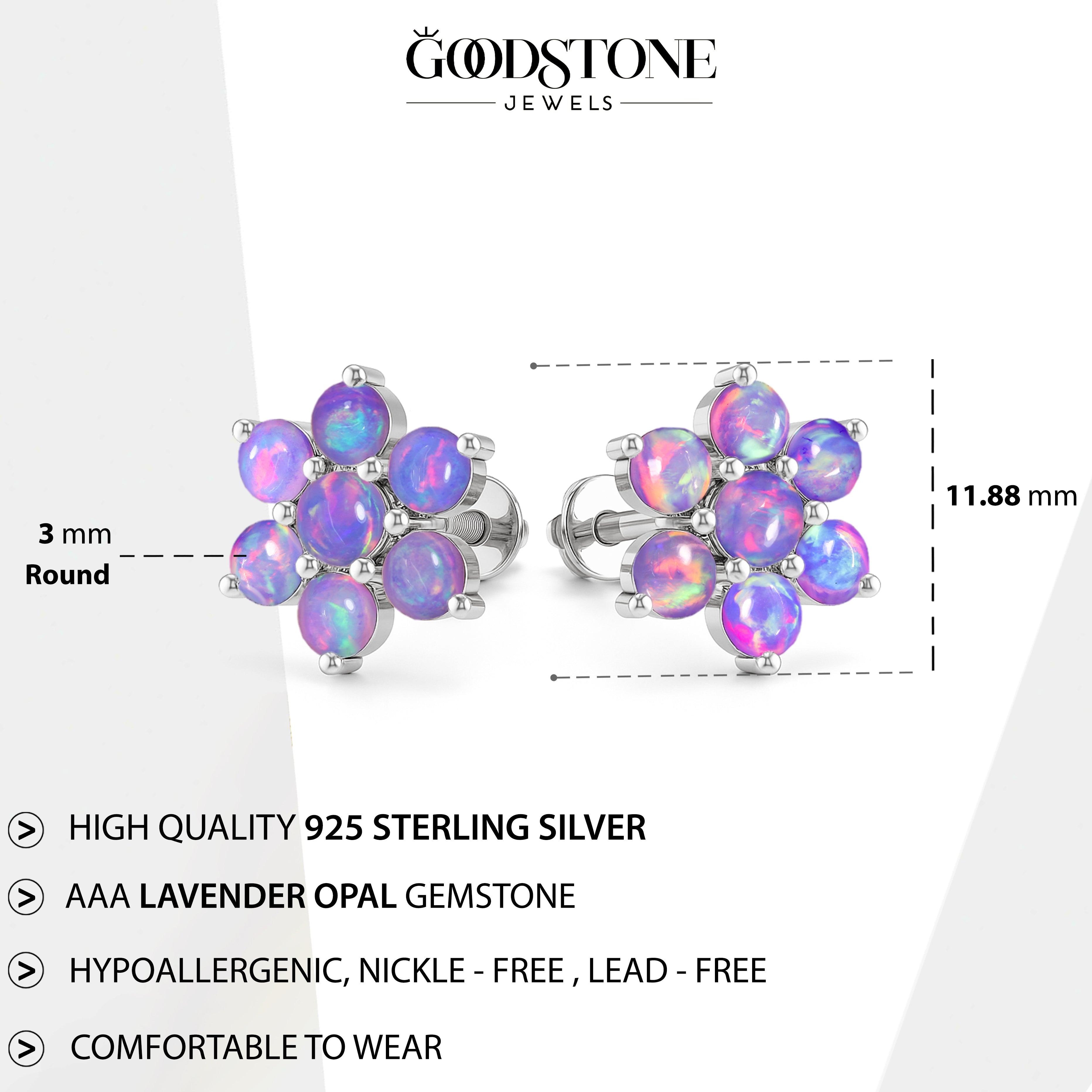Lavender Opal Round Stud Earrings in 925 Silver Luxury 14-Stone Design
