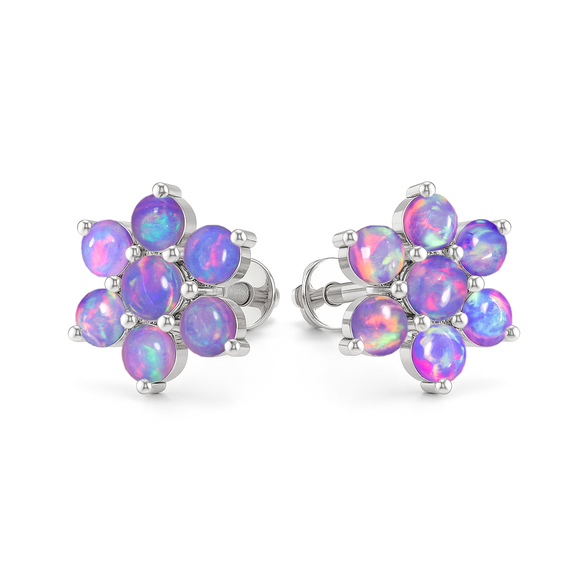 Lavender Opal Round Stud Earrings in 925 Silver Luxury 14-Stone Design