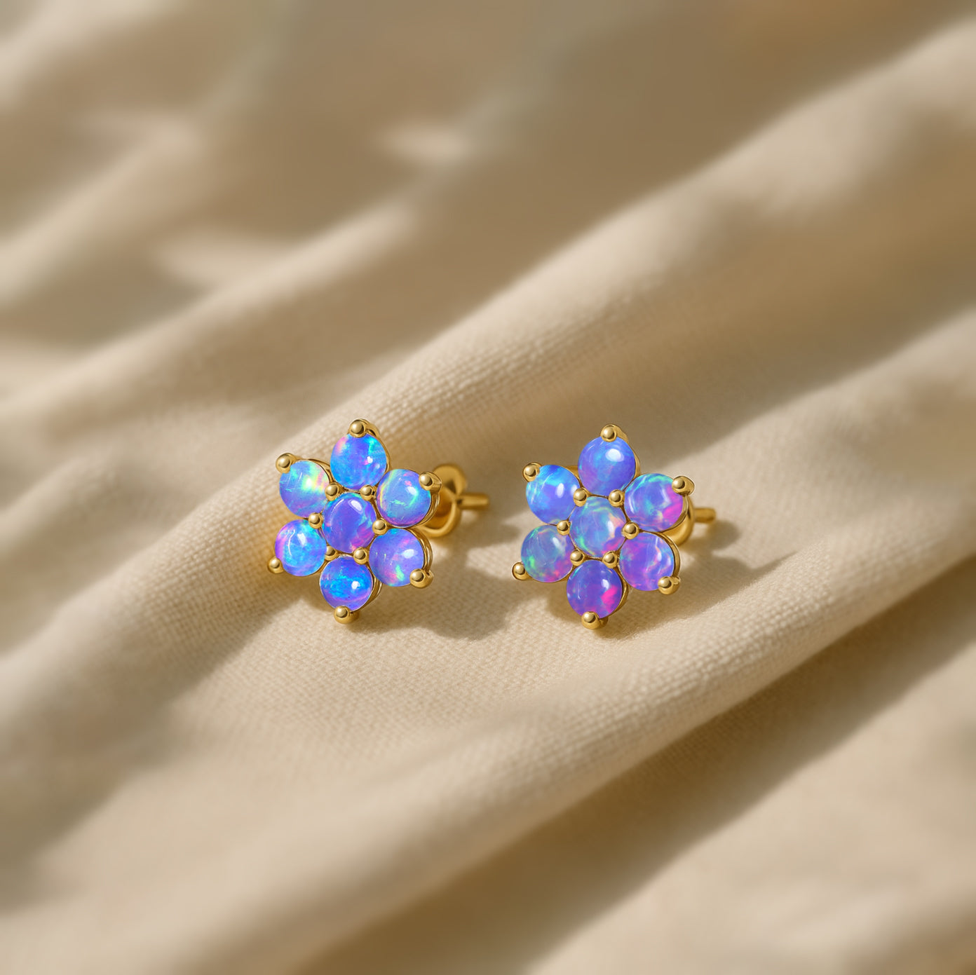 Lavender Opal Round Stud Earrings in 925 Silver Luxury 14-Stone Design