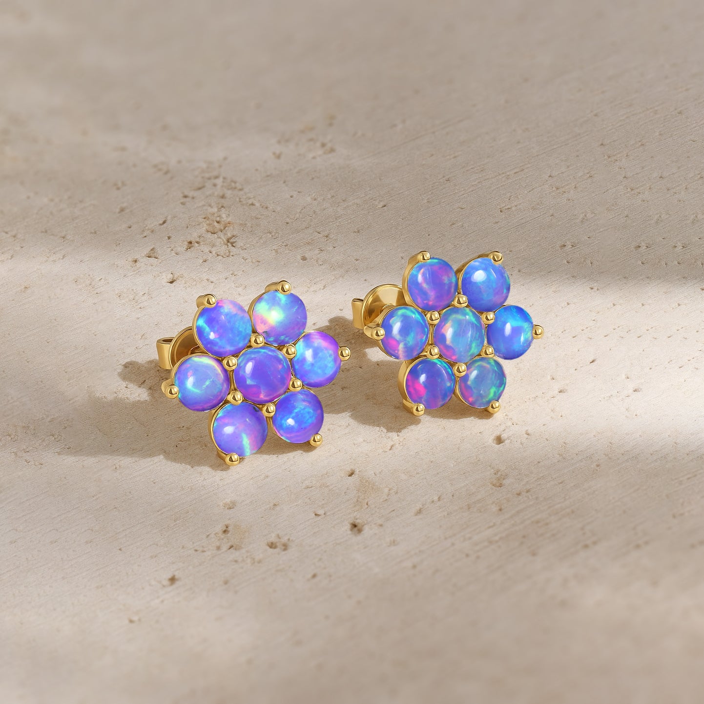 Lavender Opal Round Stud Earrings in 925 Silver Luxury 14-Stone Design