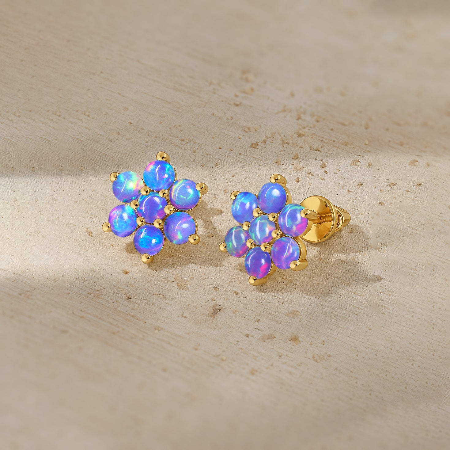 Lavender Opal Round Stud Earrings in 925 Silver Luxury 14-Stone Design