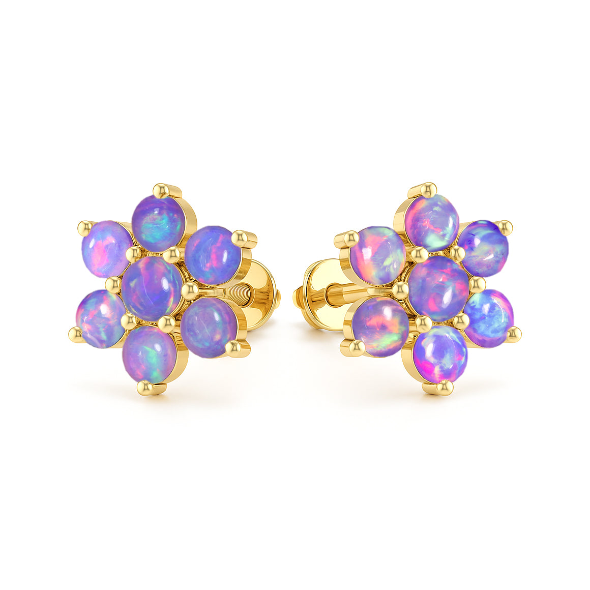 Lavender Opal Round Stud Earrings in 925 Silver Luxury 14-Stone Design