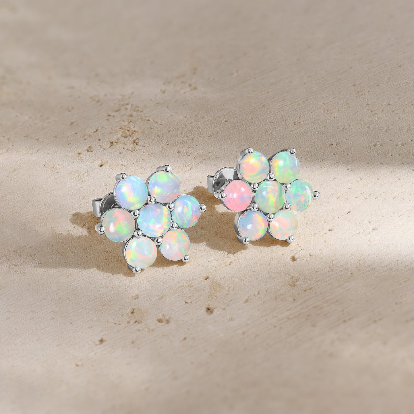 White Opal Round Stud Earrings in 925 Silver Luxury 14-Stone Design