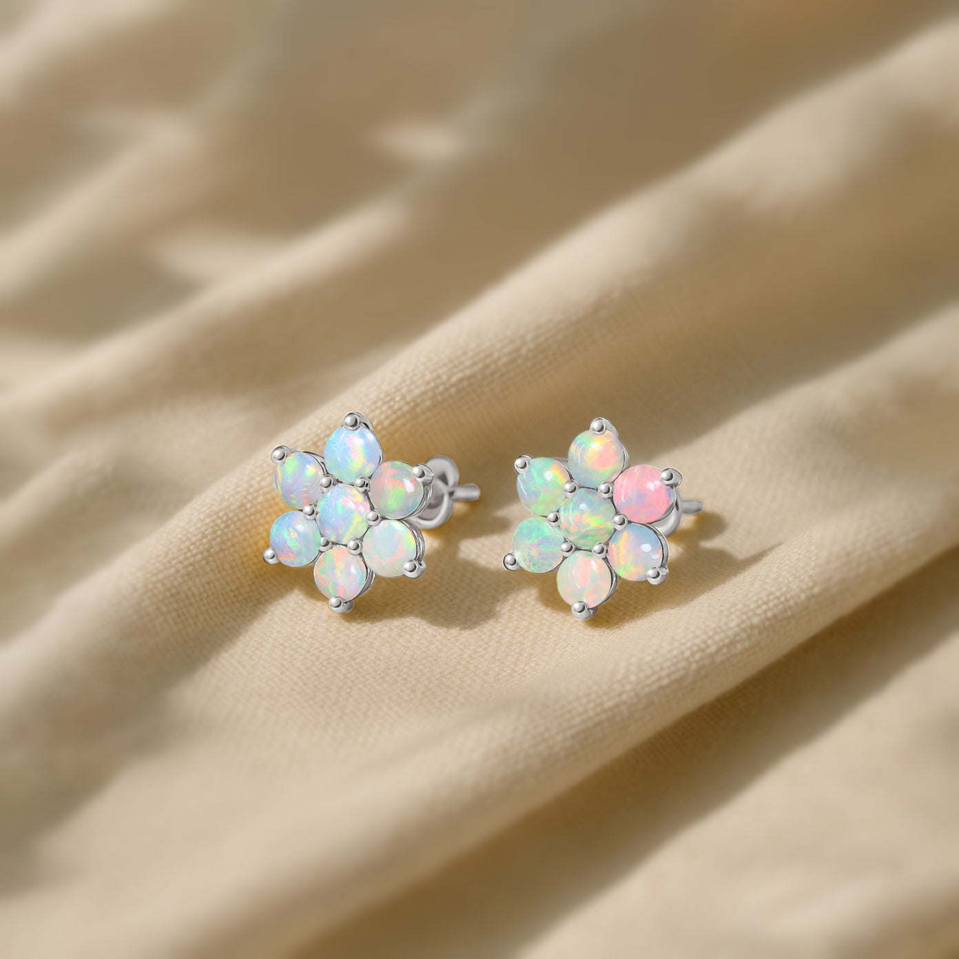 White Opal Round Stud Earrings in 925 Silver Luxury 14-Stone Design